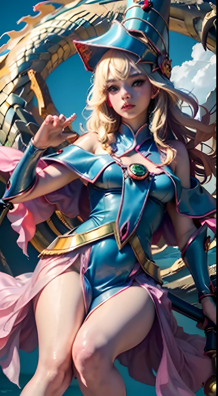 Arte oficial, Fondos de pantalla unificados de 8k, Ultra - detallado, hermoso y hermoso, tmasterpiece, Mejor calidad, (Zentangle, enredo, enredar), (s arte fractal: 1.4), 1niña dark magician girl, pelo rubio, Japoneses, hombros desnudos expuestos, falda corta, small thighs, ombligo, El es muy detallado, Angle Dynamic, Lente vaquero, (Chaos at its most beautiful), afluente, (colores brillantes), Oc, (a mitad de: 1.2), JPN, (Thangka cielo volador: 1.5), (Cintas: 1.3), (dream: 1.5), (Hanfu: 1.5), Cute dragon, Chinese phoenix,(airado:0.5),(Japanese God),Cara de mujer perfecta,Dragon. Dark magician girl Chinese dragon nomator