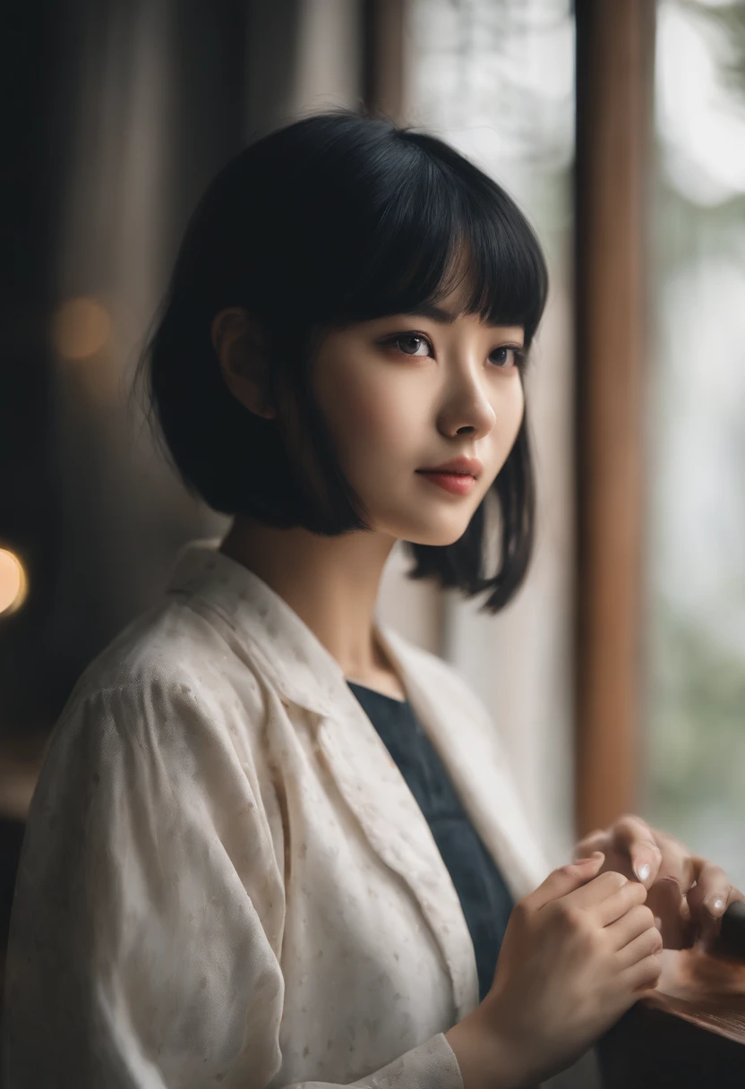 Watercolor style、digitalart、Black Hair Bob、Japan Beautiful Girl、18year old、realistic