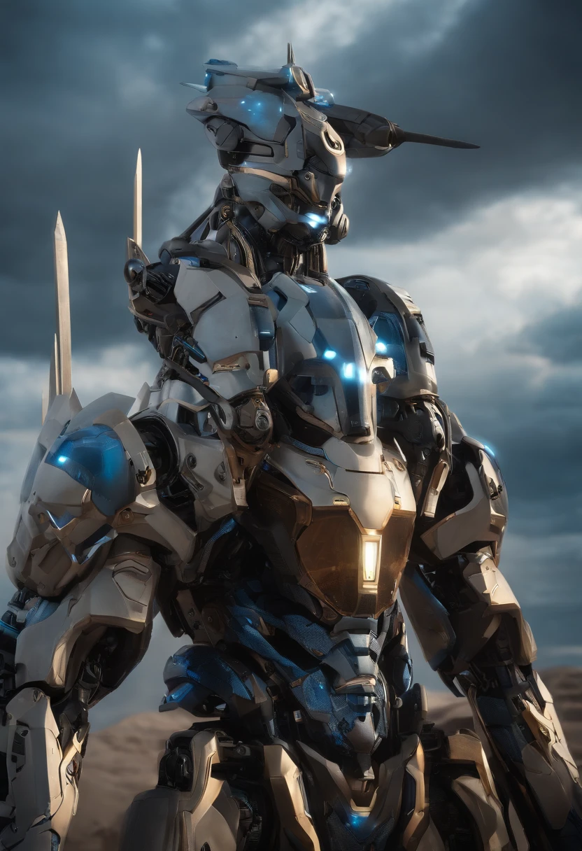 High definition, ciel, nuage, Spear Weapon, rougeoyant, State-of-the-art robot, building, Des yeux brillants, State-of-the-art Mech, science-fiction, ville, real, Robot principal bleu, noyau sur la poitrine,like Poseidon,