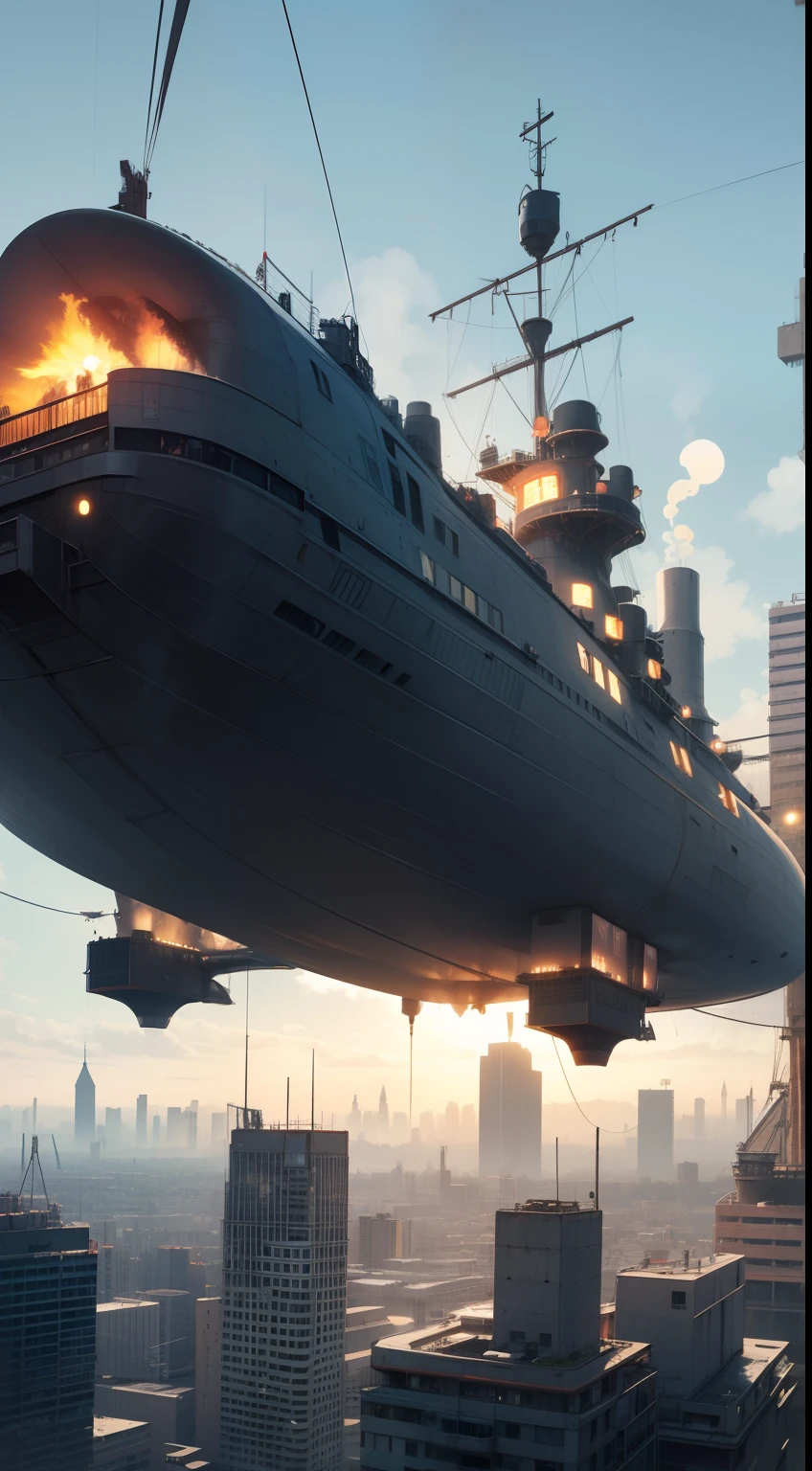 Flying battleship in the air，Air steam airship，Moving castle in the air，The cabin and bottom are inverted，With the sky and the city as the background，Middle Ages style，Ballista，Cyberpunk steam style