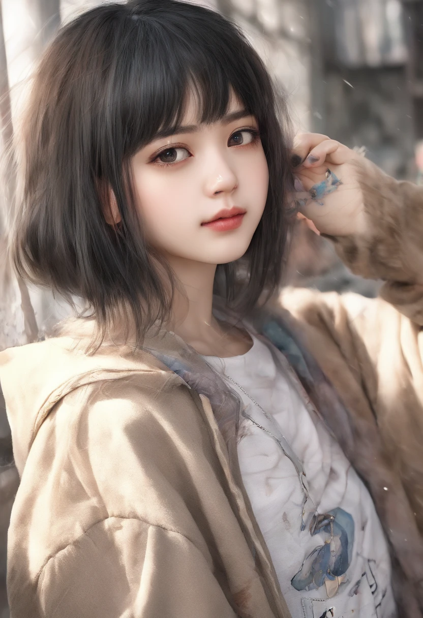 Watercolor style、digitalart、Black Hair Bob、Japan Beautiful Girl、18year old、realistic