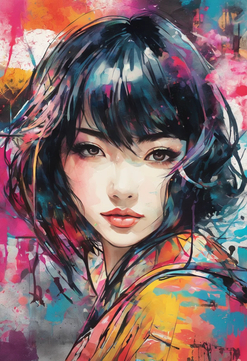 Watercolor style、digitalart、Black Hair Bob、Japan Beautiful Girl、18year old、realistic