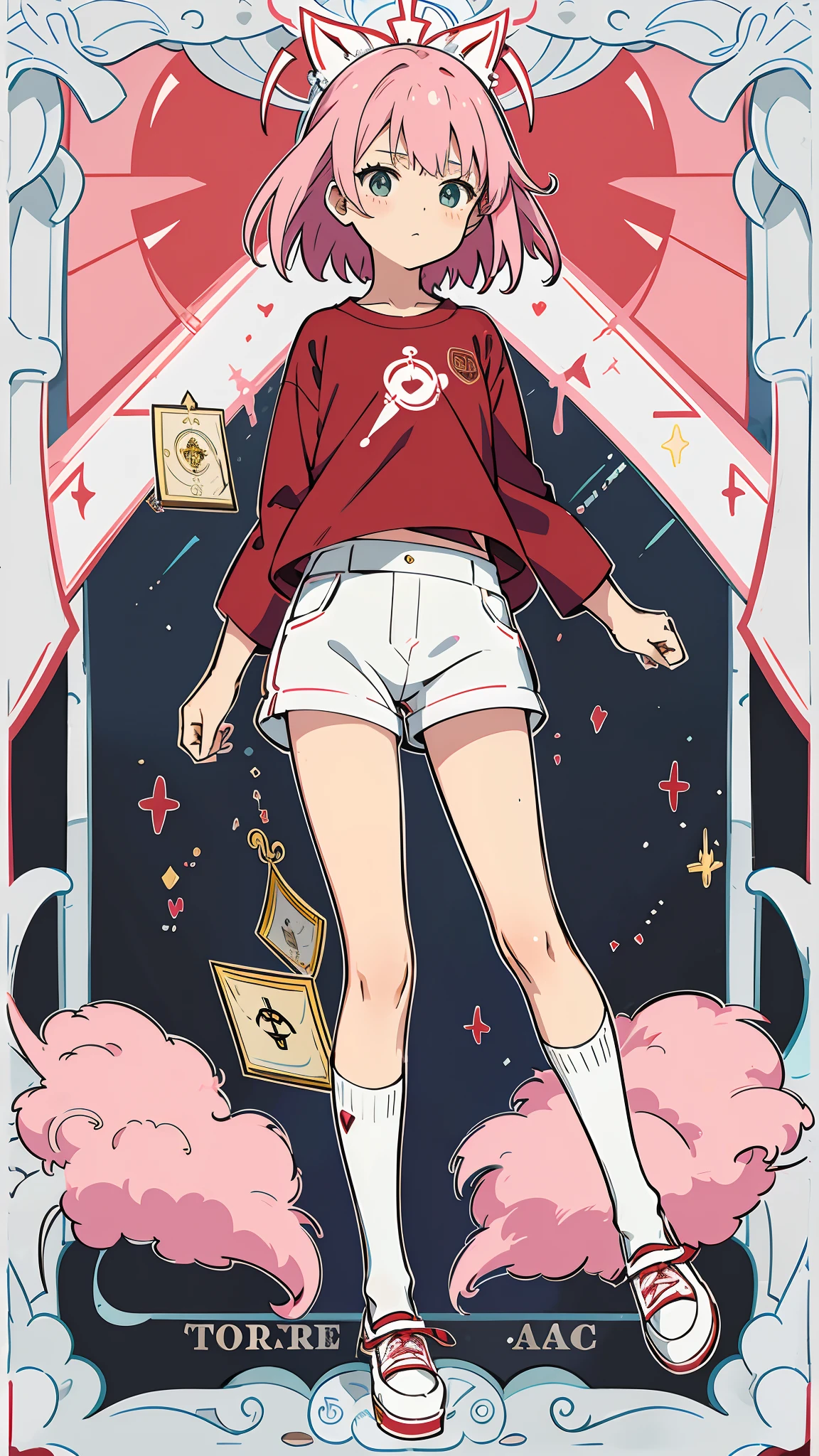 anime tarot card, girl with pink hair, red shirt, white shorts, white socks and black flat shoes