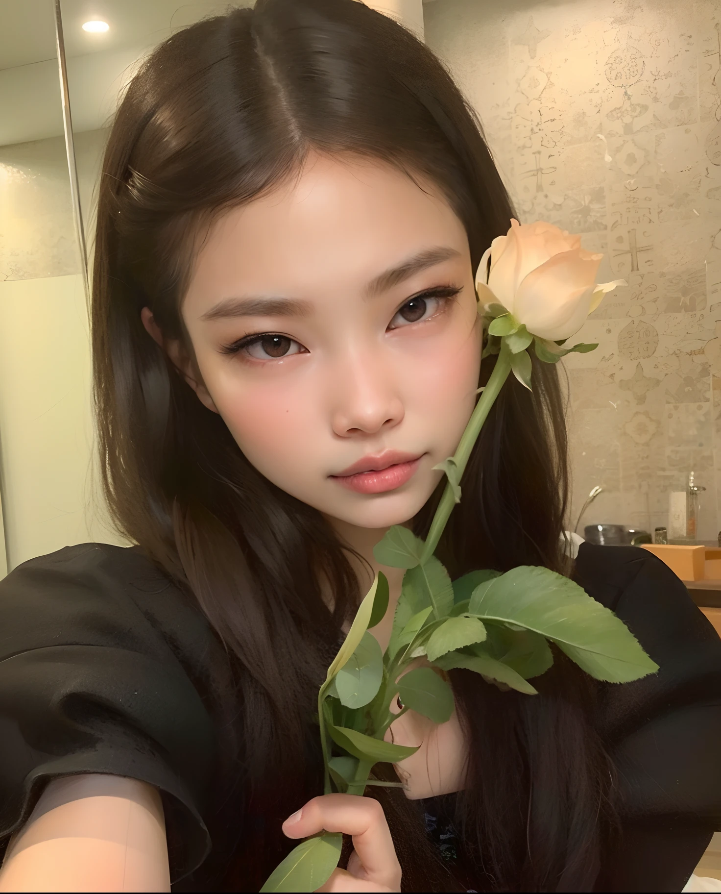 there is a woman holding a rose in her hand, jennie blackpink, Ulzzang, Jinyoung Canela, jossi do blackpink, her face looks like an orchid, Retrato de Jossi de Blackpink, com flores, maquiagem sul-coreana popular, coreana, Jaeyeon Nam, Heonhwa Choe, segurando uma rosa, Parque Roseanne do Blackpink
