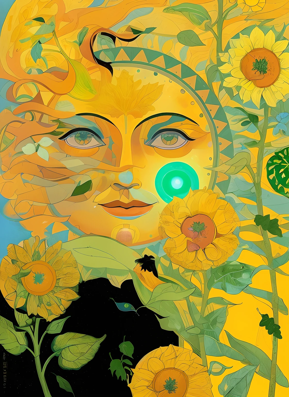 uma pintura de um girassol com um rosto feito de folhas, The Three Suns, inspirado em Leo e Diane Dillon, Deusa do Sol, inspirado em Diane Dillon, como a deusa do sol, inspirado em Sun Junze, sol dourado, sol gigantesco, Directed by: Tomek Setowski, A Rainha do Sol, por Leo e Diane Dillon