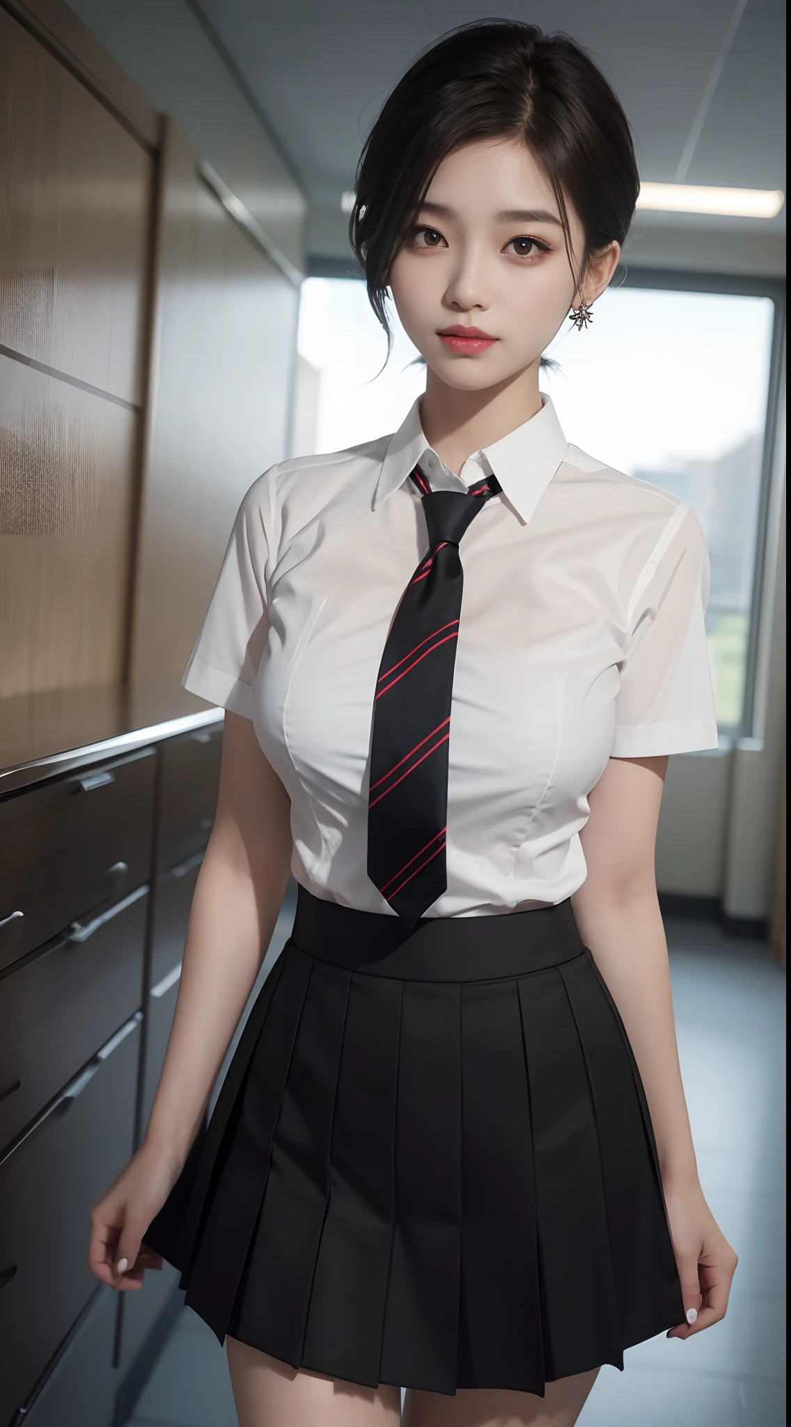 best qualtiy， 超高分辨率， （realisticlying：1.4）， 1girll，Pretty woman with slender figure：1.4，White skin，二重まぶた，Delicate eyes，white short blouse，pink necktie，Pink pleated skirt，Over the knee black silk，Being in the room，sitting on a white bed，Fascinating expectations，Brunette half front half，Half in the back，Pose on the bed in a short skirt and shirt，JK school uniform，short- sleeved，tiedshirt