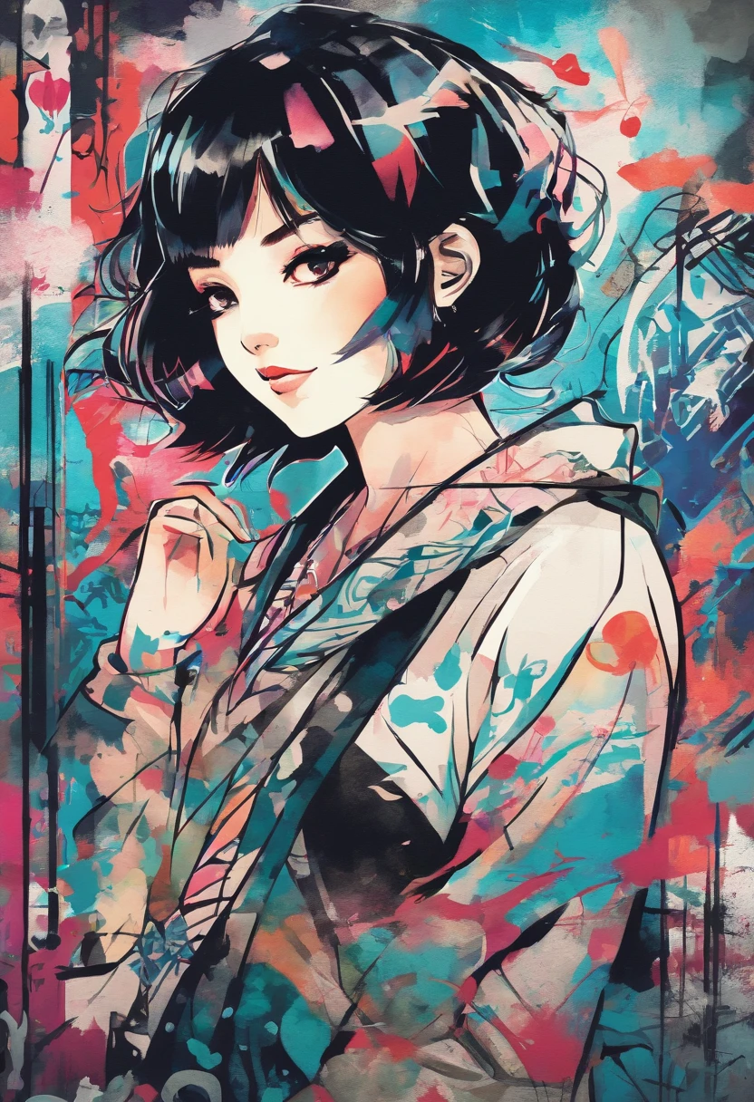 Watercolor style、digitalart、Retro anime style、Black Hair Bob、Japan Beautiful Girl、18year old