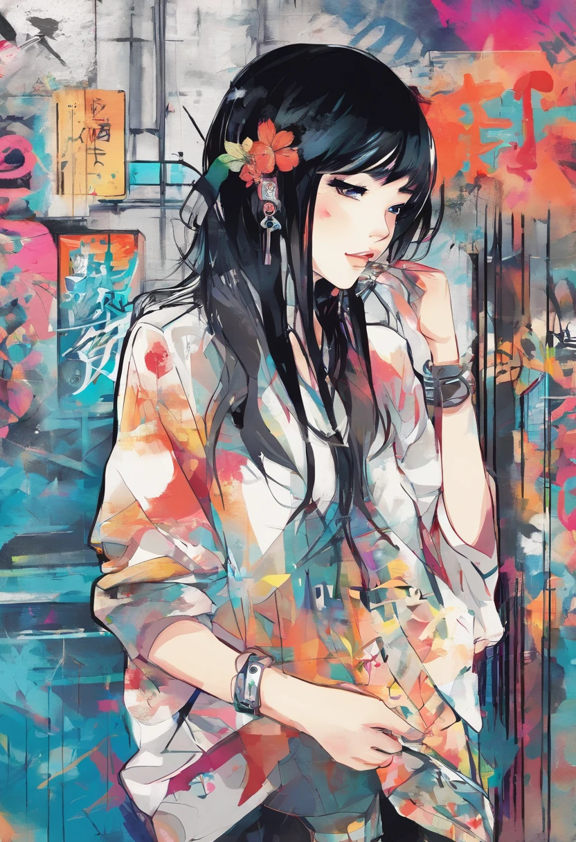 Watercolor style、digitalart、Retro anime style、Black Hair Bob、Japan Beautiful Girl、18year old