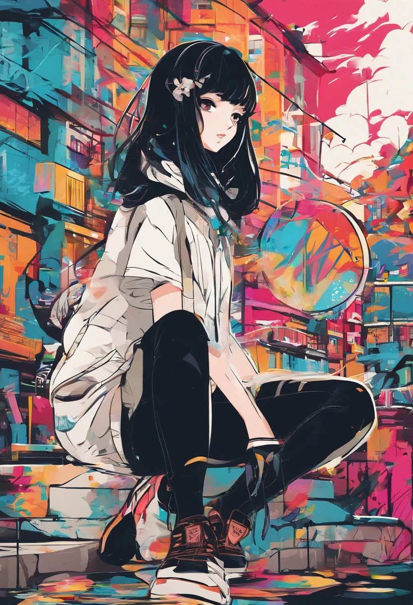digitalart、Retro anime style、Black Hair Bob、Japan Beautiful Girl、18year old