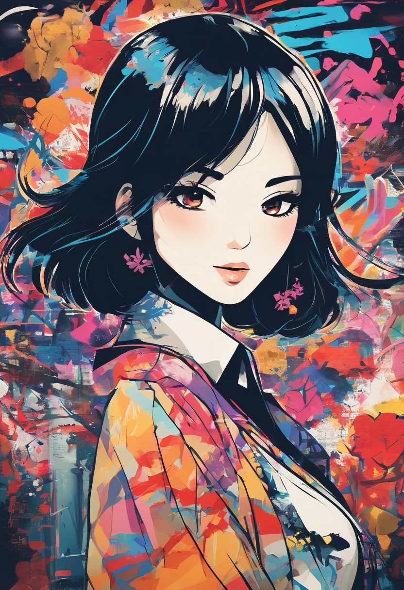 digitalart、Retro anime style、Black Hair Bob、Japan Beautiful Girl、18year old