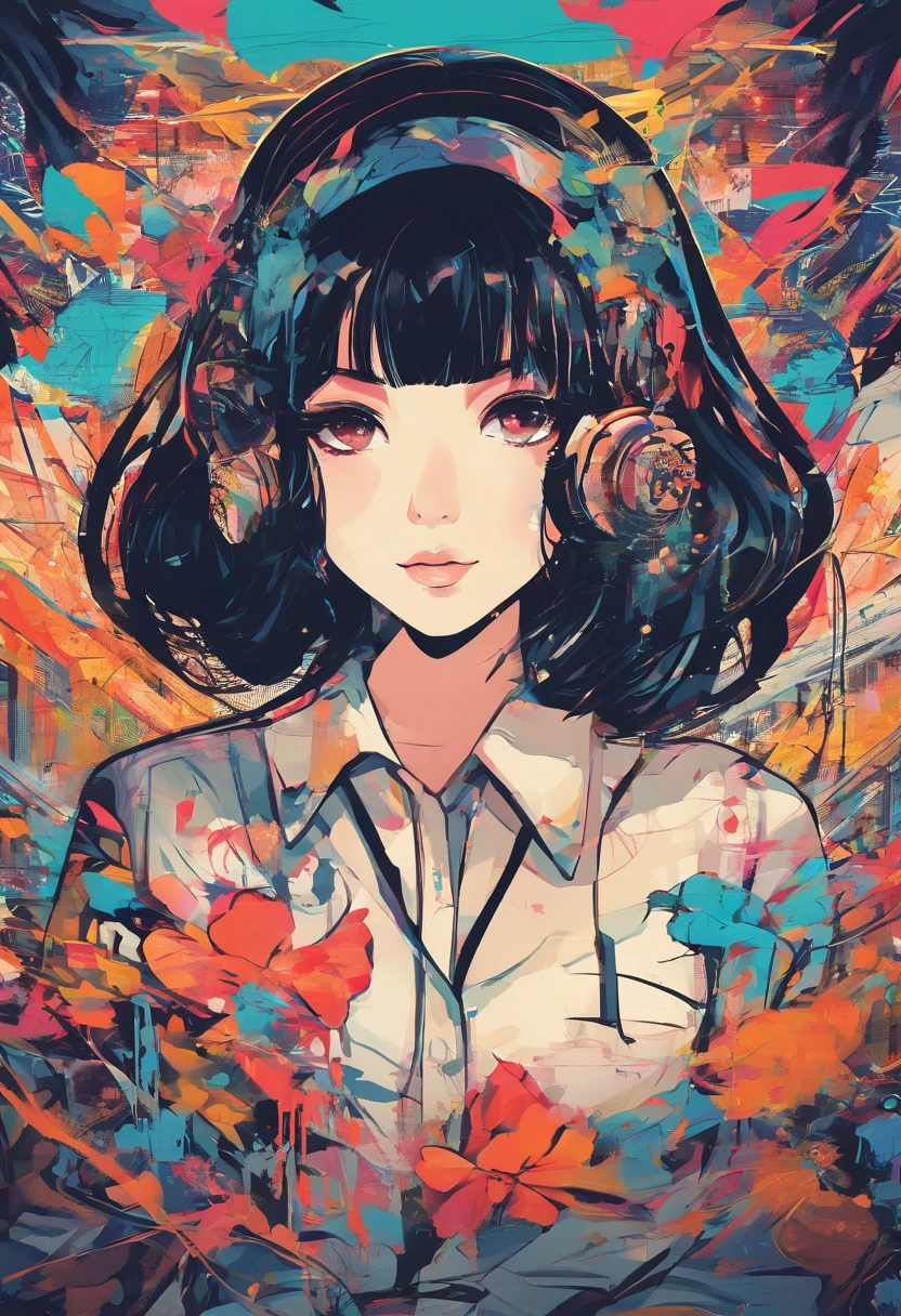 digitalart、Retro anime style、Black Hair Bob、Japan Beautiful Girl、18year old