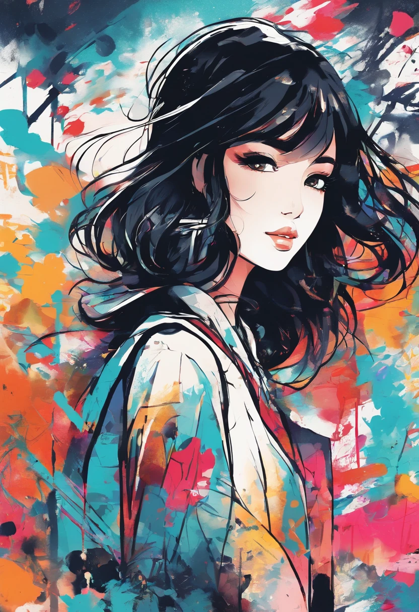 Watercolor style、digitalart、Retro anime style、Black Hair Bob、Japan Beautiful Girl、18year old