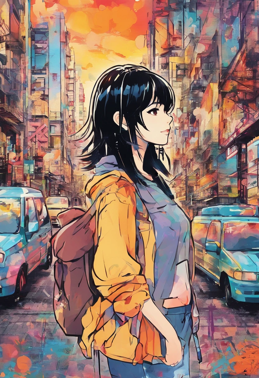 Watercolor style、digitalart、Retro anime style、Black Hair Bob、Japan Beautiful Girl、18year old