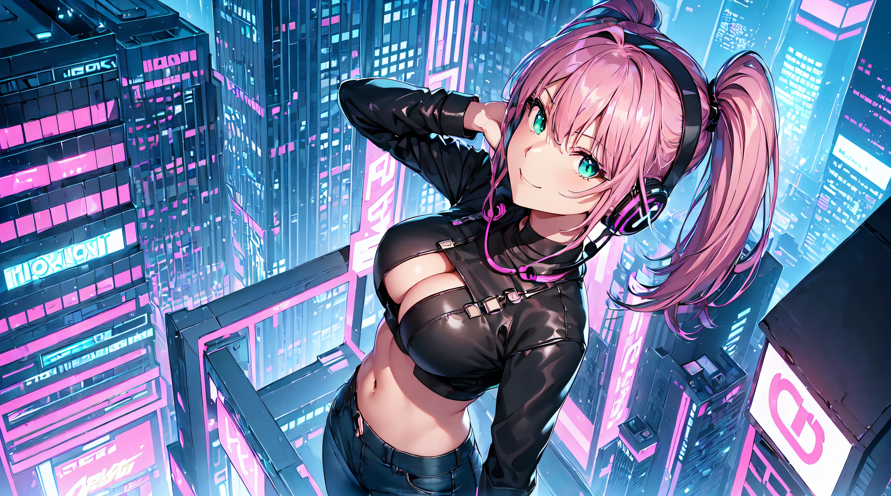 masterpiece, 1girl ((20year old, Black crop top shirt exposes navel, tight blue jeans, knee-high boots, medium breasts, multicolor pink hair, twin ponytails, green eyes, flirting, happy, big smile, looking up, headphones, walking in a street at night, neon lights and towering skyscrapers, futuristic and energetic atmosphere), ((nighttime)) ((high camera angle, top view))
