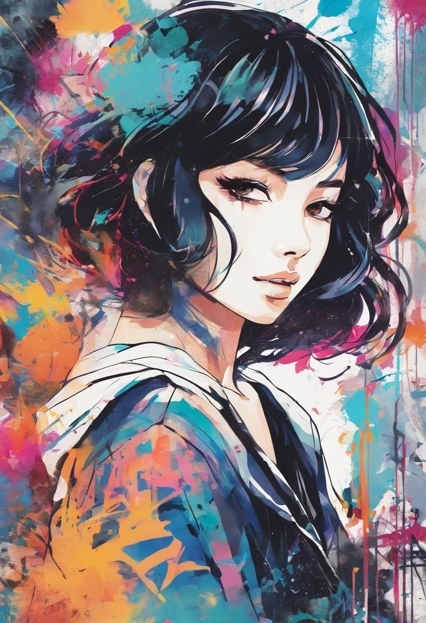 Watercolor style、digitalart、1990s anime style、Black Hair Bob、Japan Beautiful Girl、18year old