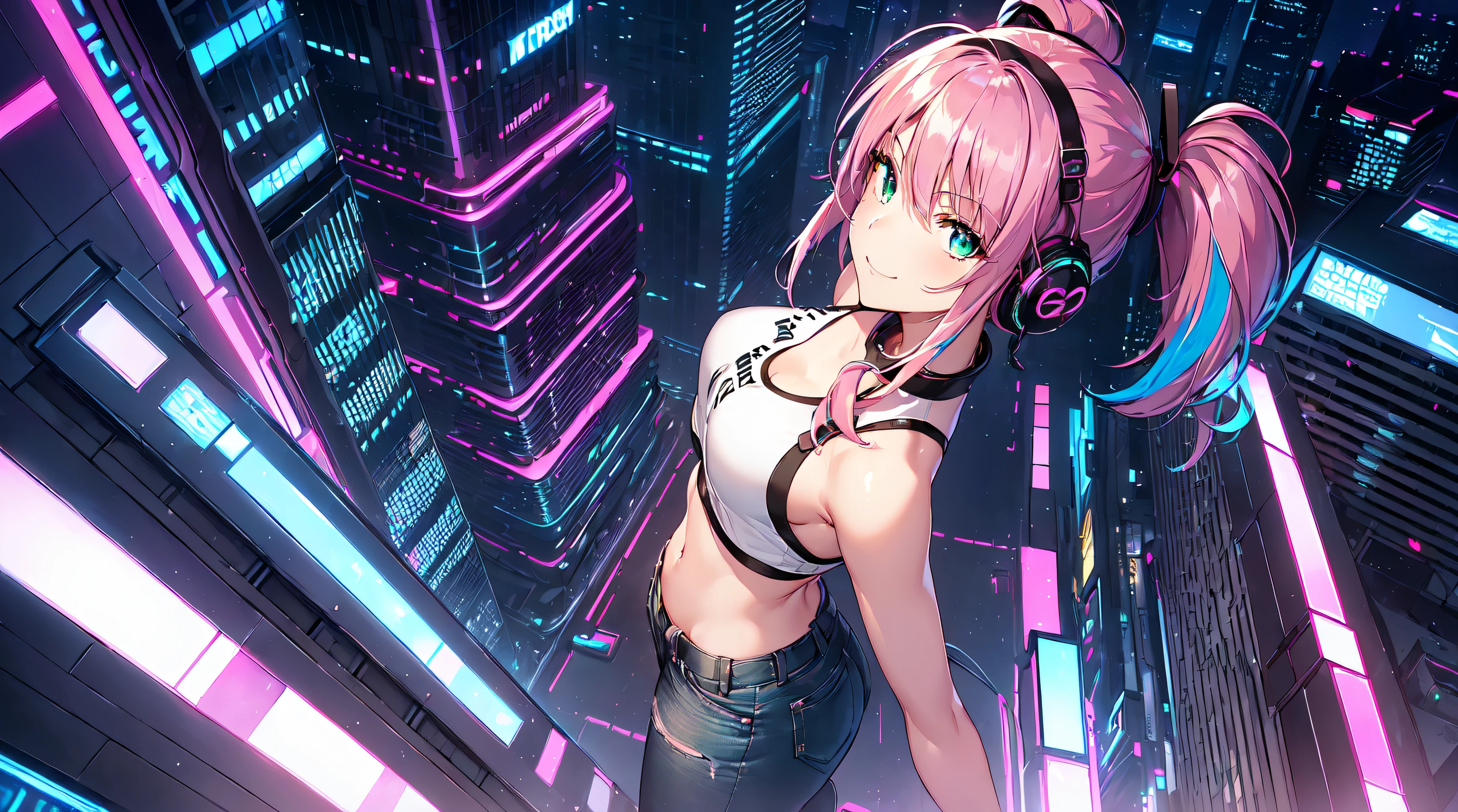​masterpiece, 1girl ((20year old, Black crop top shirt exposes navel, tight blue jeans, knee-high boots, medium breasts, multicolor pink hair, twin ponytails, green eyes, flirting, happy, big smile, looking up, headphones, walking in a street at night, neon lights and towering skyscrapers, futuristic and energetic atmosphere), ((nighttime)) ((high camera angle, top view))