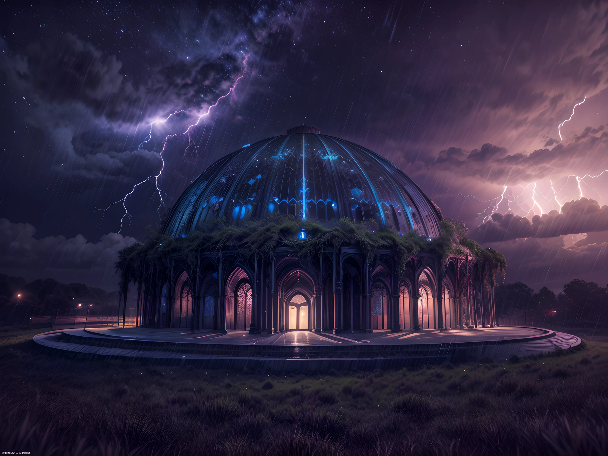 an award winning picture, RAW, Photograph magazine quality, photorealism, picture of a planetarium at night, you see the (planetarium: 1.5) the planetarium is a modern built, latest technology, Nקם Gothic building, ant the epic sized (telescope: 1.3), many windows, some windows, are lit, the building stands on a grassy hill, its night time and its stormy, there is lightning in the sky, no moon, but many stars in the sky, dynamic background 16K, RAW, ultra wide shot, photorealism, depth of field, hyper realistic, 2.5d rendering,