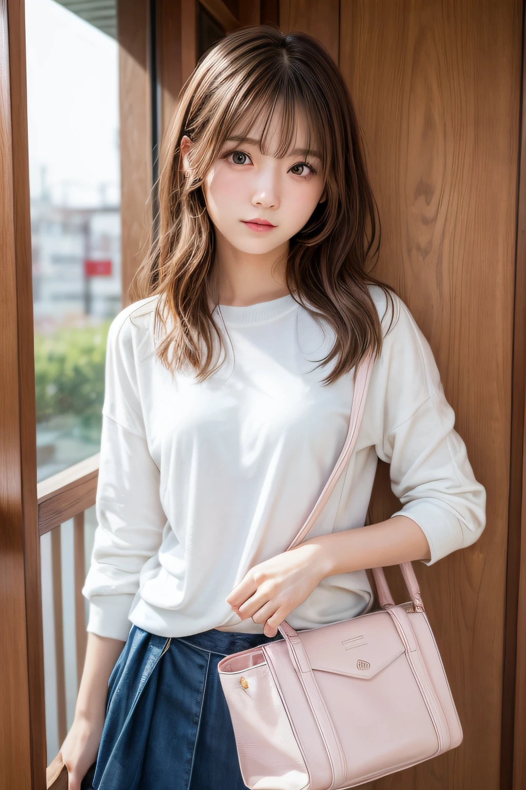 - (Best quality, 1 beautiful woman, milk tea colored long straight hair, blunt bangs, casual wear, checking hairstyle in mirror, hair salon, standing pose, natural expression)