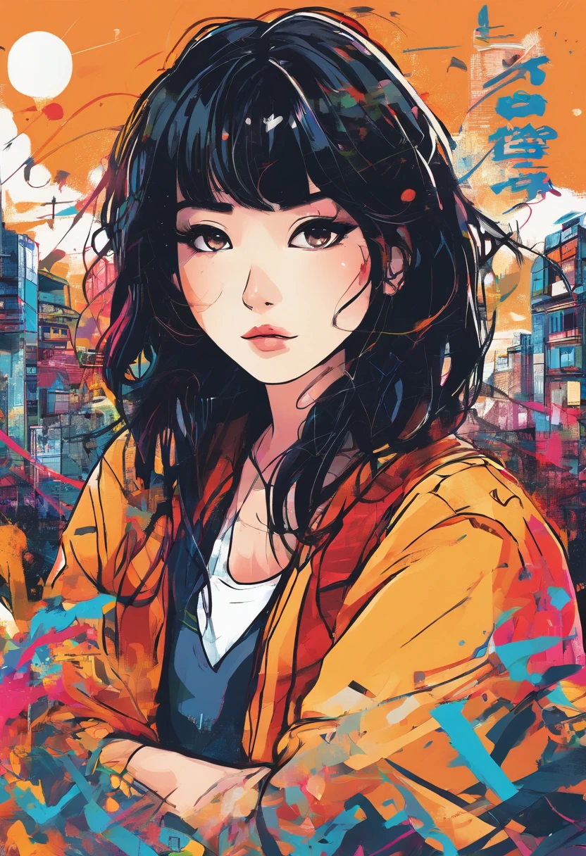 digitalart、1990s anime style、Black Hair Bob、Japan Beautiful Girl、18year old