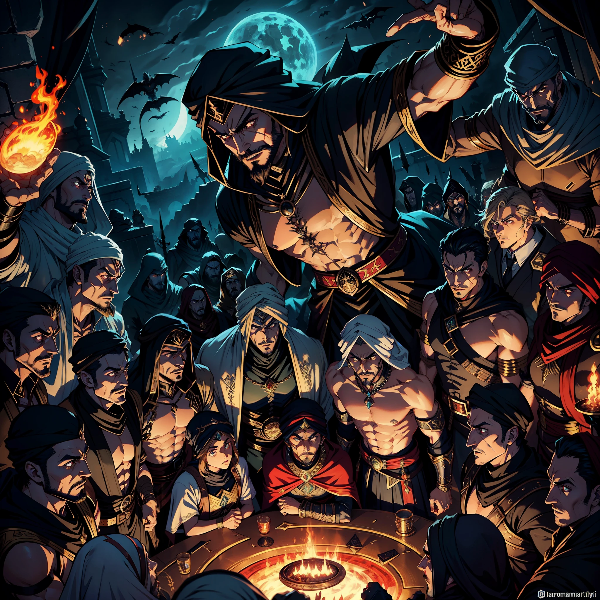 Castlevania, Lord of Shadows, Handsome Arab, Man with Arabic, Moroccan Turban, Legendary Face, Ferochyper Realistic, Super Detailed, Moroccan, Handsome Arabian Lord, Muscle, Dracula, Leading the Djinn Troops, Army into Battle, War of Aggression, Giant Demons, Very Scary Legendary,