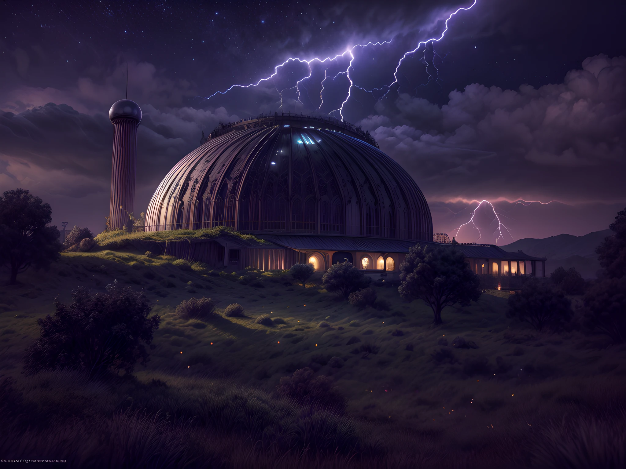 an award winning picture, RAW, Photograph magazine quality, photorealism, picture of a planetarium at night, you see the (planetarium: 1.5) the planetarium is a modern built, latest technology, Nקם Gothic building, ant the epic sized (telescope: 1.3), many windows, some windows, are lit, the building stands on a grassy hill, its night time and its stormy, there is lightning in the sky, no moon, but many stars in the sky, dynamic background 16K, RAW, ultra wide shot, photorealism, depth of field, hyper realistic, 2.5d rendering,