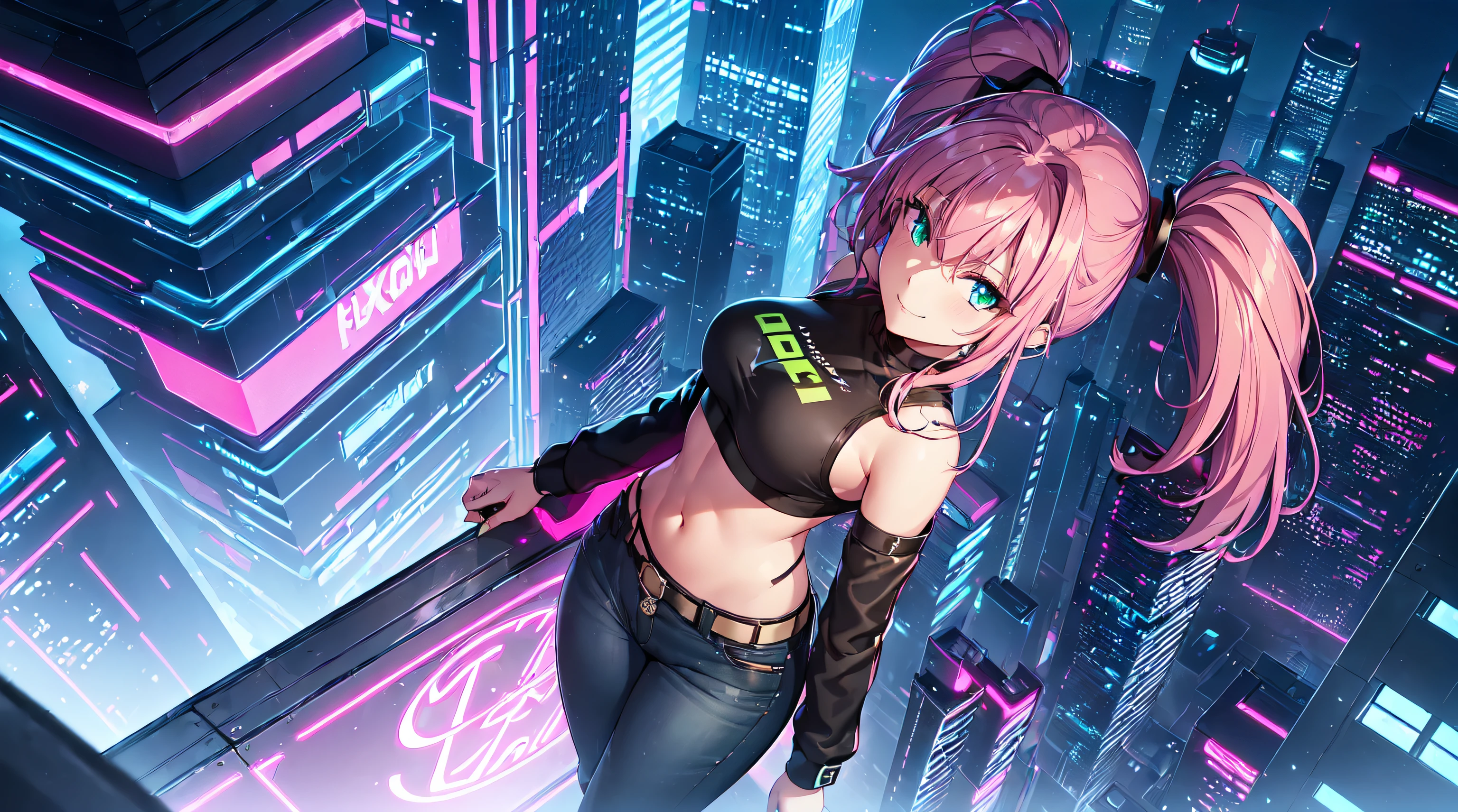masterpiece, 1girl ((20year old, Black crop top shirt exposes navel, tight blue jeans, knee-high boots, medium breasts, multicolor pink hair, twin ponytails, green eyes, flirting, happy, big smile, looking up, headphones, walking in a street at night, neon lights and towering skyscrapers, futuristic and energetic atmosphere), ((nighttime)) ((high camera angle, top view))
