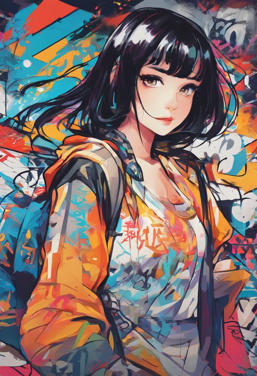 Oil style、digitalart、1990s anime style、Black Hair Bob、Japan Beautiful Girl、18year old