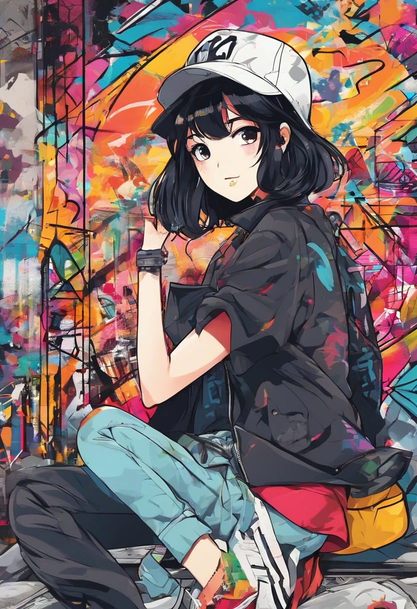 1990s anime style、Black Hair Bob、Japan Beautiful Girl、18year old