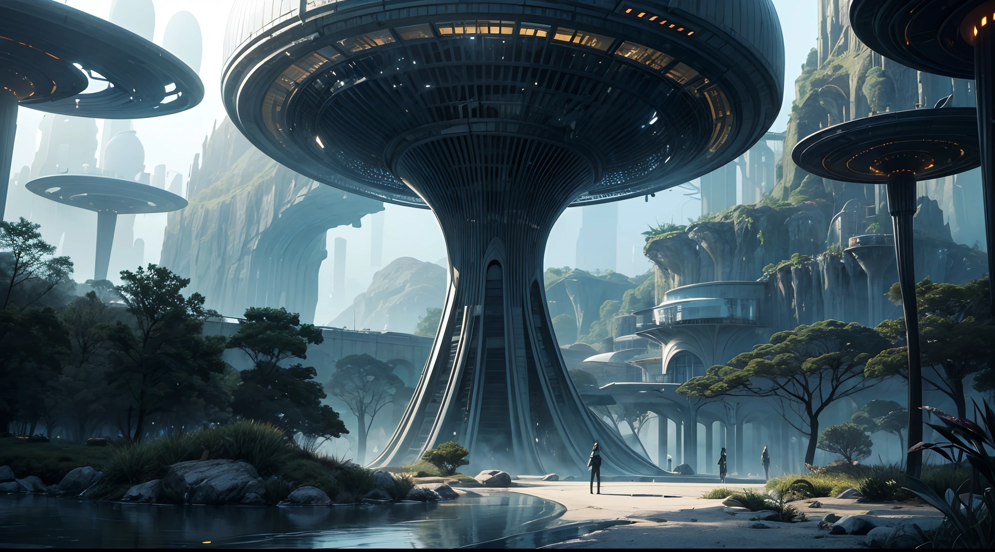 An off-world outpost in the best quality, 4k, 8k, highres, and a masterpiece with a scaling factor of 1.2, presenting ultra-detailed and realistic visuals. The outpost is set in an unknown distant planet, revealing a highly advanced civilization and cutting-edge technology. 

The main focus is a futuristic structure, gleaming with metallic materials and smooth surfaces. Its architectural design showcases a blend of geometric precision and organic curves, suggesting both elegance and efficiency. The outpost stands tall, emitting a soft, neon-like glow that contrasts beautifully with the dark, mysterious landscape surrounding it.

A bustling atmosphere fills the scene, with fully rendered humanoid robots gliding seamlessly through the environment. Their sophisticated appearances include intricate details such as glistening circuit patterns and delicately moving joints. The robots efficiently perform tasks, demonstrating their seamless integration into the outpost's operations.

In the background, sprawling alien flora can be seen, with vibrant colors and unusual shapes. These plants emit a subtle bioluminescent glow, creating an otherworldly ambiance. The air is tinged with a mix of fresh scents and metallic undertones, suggesting the presence of advanced life-support systems within the outpost.

The lighting in the scene is atmospheric and captivating. Variations of soft, diffused light pour from strategically placed sources, casting gentle shadows that enhance the three-dimensional feel of the outpost and its surroundings. The interplay of light and shadow adds depth and realism to the visual narrative.

The overall color palette is a harmonious blend of cool and warm tones. The metallic structures exhibit shades of metallic silver and hints of iridescent blues, evoking a sense of technological advancement and sophistication. The surrounding landscape and alien flora feature soft pastel hues, showcasing the beauty and diversity of the off-world environment.

In summ