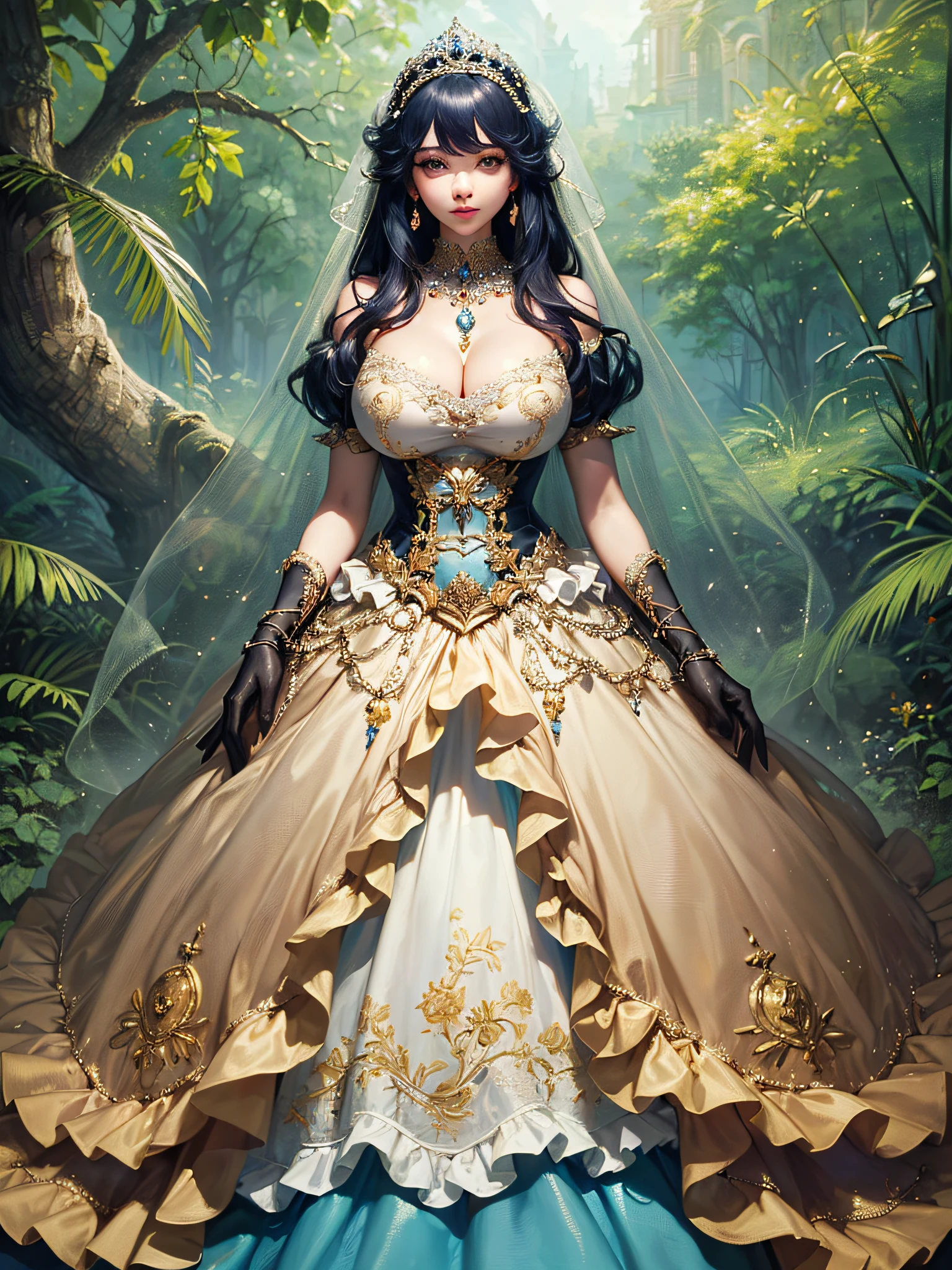 ((anime artstyle)),(Masterpiece),(Best Quality), (Super Detail),((Very Delicate and Beautiful)),cinematic lighting,1 girl,((full body portrait)),((standing in garden)),((solo)),(((1 fairytale princess in gorgeous embroidery and jeweled extremely gorgeous rococo princess ballgown with voluminous full length hoop skirt))),an hourglass waist,padded and corseted bodice,(((huge crinoline hoopskirt))),long train,((gorgeous embroidery and jeweled)),voluminous frills,See-through,(((extremely gigantic tits,skindentation))),cleavage,((absurdly Long Straight Hair,extremely voluminous Straight long Hair,absurdly Long Straight Hair)),(finely detailed face and eyes),clear pupil,extremely gorgeousfull hair ornament,(bling-bling jeweled extremely gorgeousfull tiara),((bling-bling gorgeous gemstone jewelry)),gorgeous long veil,((ultra long gloves)),(beautiful background),(full body),((gorgeous embroidery and jeweled extremely gorgeous rococo princess ballgown with voluminous full length hoop skirt))