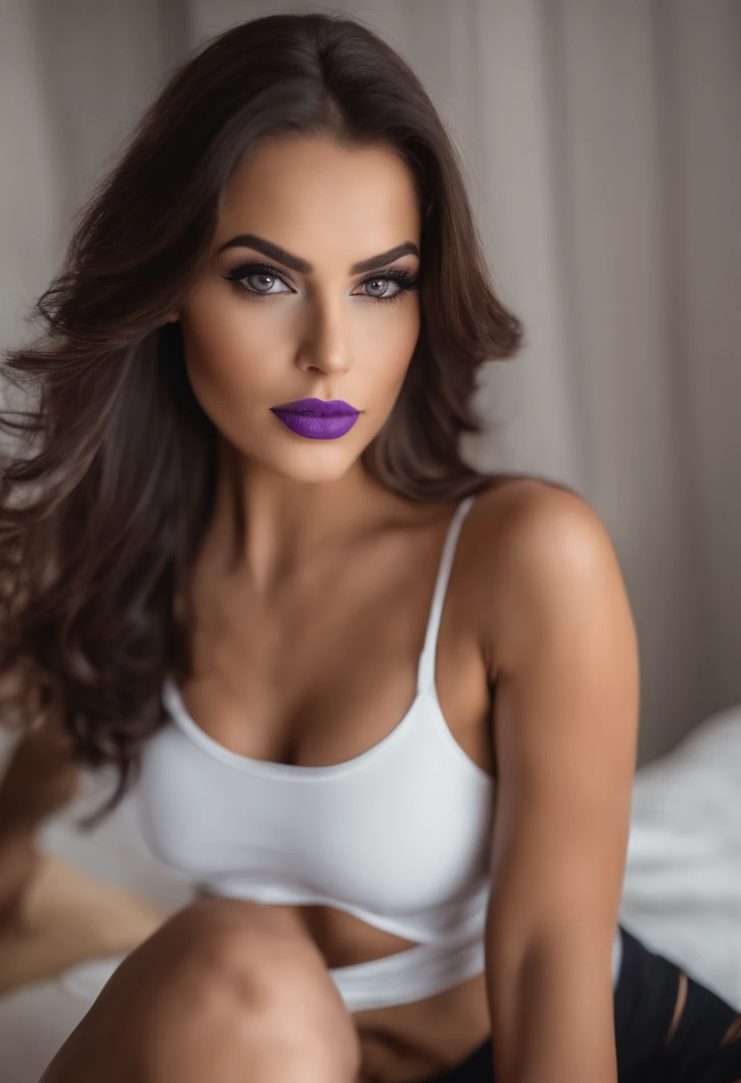 Arafed woman in matching tank top and panties, fille sexy aux yeux bruns, cheveux bruns et grands yeux, selfie of a young woman, Yeux de chambre, Violet Myers, pas de maquillage, maquillage naturel, looking straight at camera, Visage avec Artgram, maquillage fin, Superbe plan complet, dans la chambre, clivage