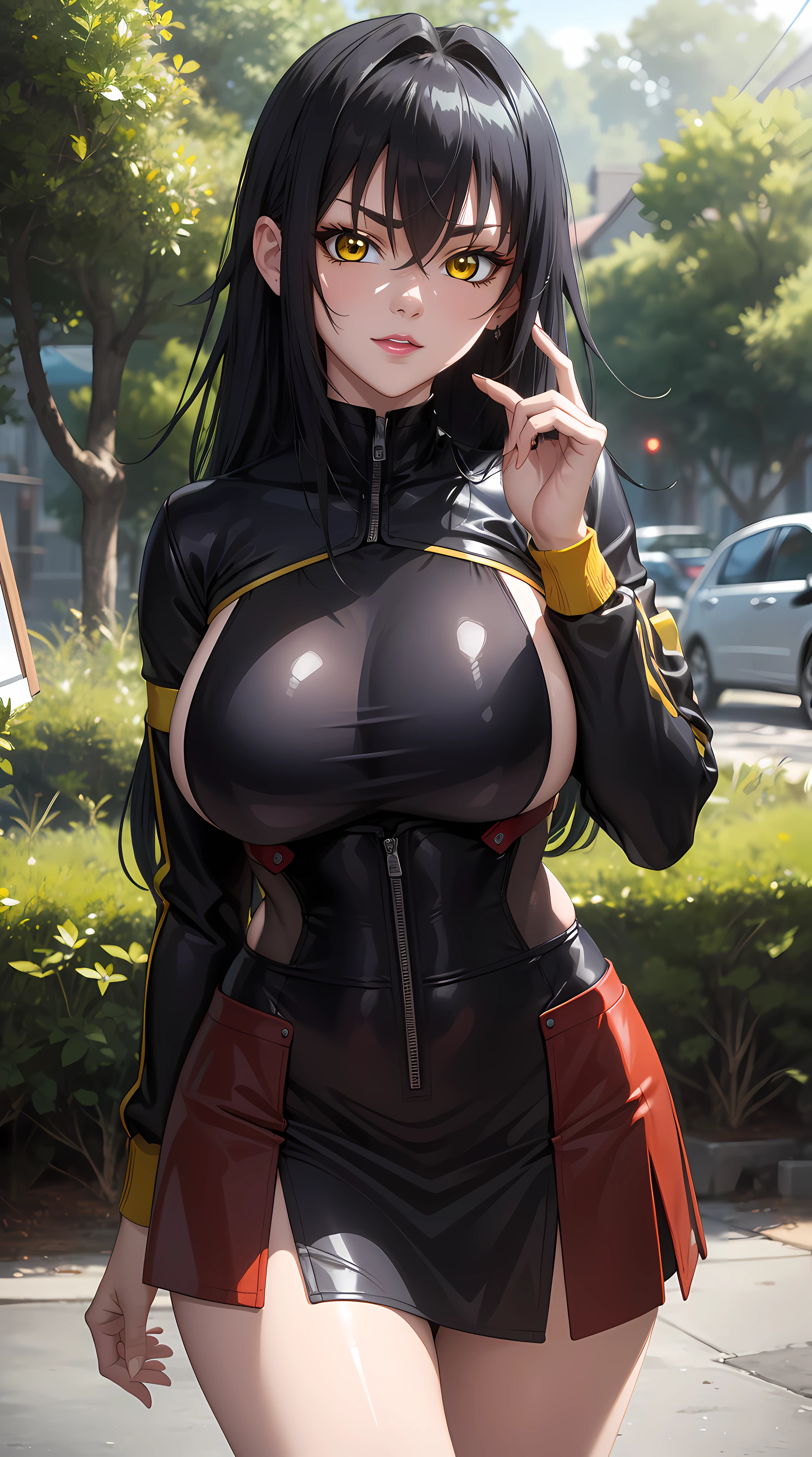 walking in forest, beautiful nature,
cowboy shot, Annerose,
black outfit, highschool uniform,
black_hair,yellow_eyes, long_hair, hair intakes,
1 girl, 35yo,mature female,Beautiful Finger,Beautiful long legs,Beautiful body,Beautiful Nose,Beautiful character design, perfect eyes, perfect face, exquisite fingers detail,
looking at viewer, (big_yellow_eyes:1.0),(smug:1.3),
official art,extremely detailed CG 8k wallpaper, perfect lighting,Colorful, Bright_Front_face_Lighting,
(masterpiece:1.0),(best_quality:1.0), ultra high res,4K,ultra-detailed,
photography, 8K, HDR, highres, absurdres:1.2, Kodak portra 400, film grain, blurry background, bokeh:1.2, lens flare, (vibrant_color:1.2)
(Beautiful,large_Breasts:1.4), (beautiful_face:1.5),(narrow_waist),