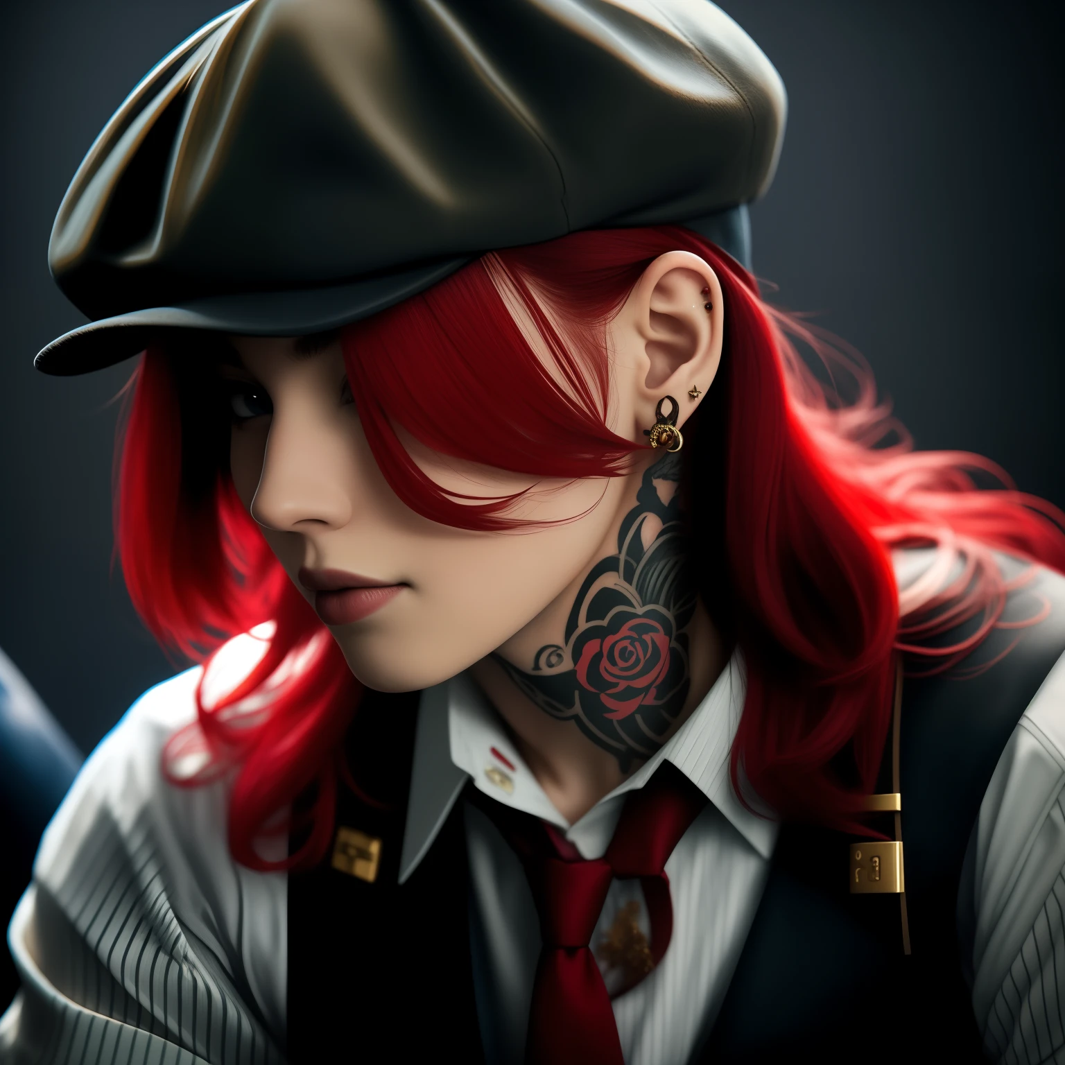 There is a red-haired man wearing a hat and tie, red hair, androgynous, com cabelos ruivos, red head, Cor vermelha, androginia, ela tem cabelos ruivos, Tatuado, Coberto, Cor vermelha, Akane Owari Danganronpa, cabelo carmesim, cabelos pretos e ruivos, androgynous person, tatuagens e piercings