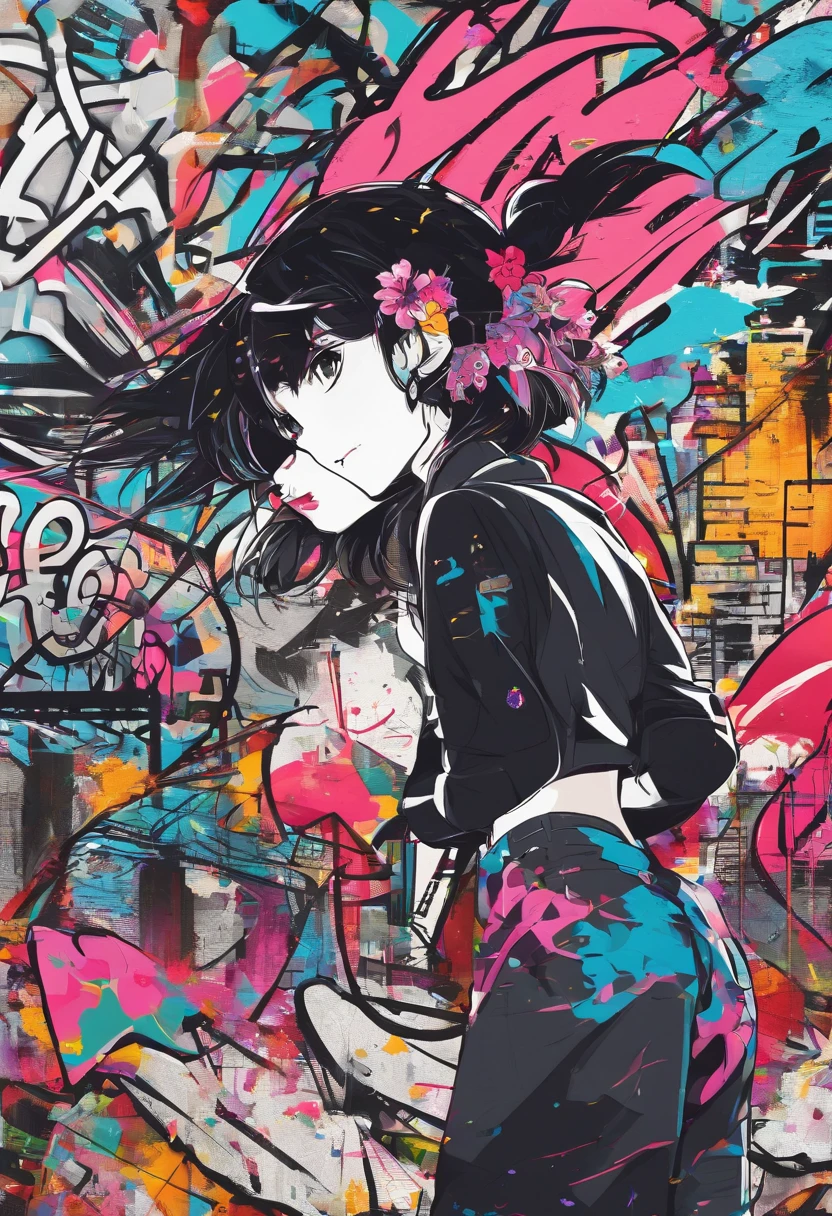 digitalart、monochromes、1990s anime style、Black Hair Bob、Beautiful girl in Japan uniform、18year old