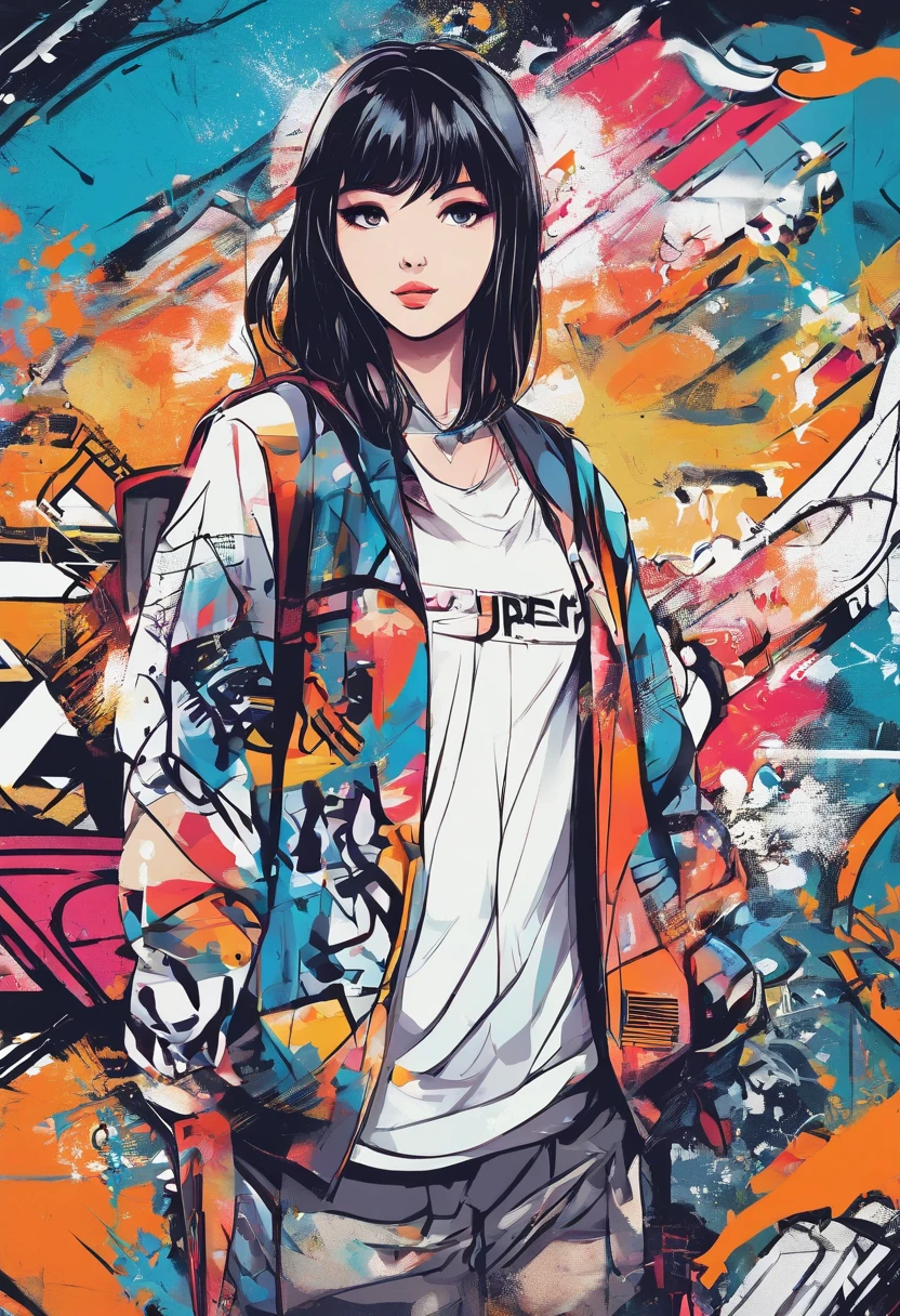 digitalart、monochromes、1990s anime style、Black Hair Bob、Beautiful girl in Japan uniform、18year old