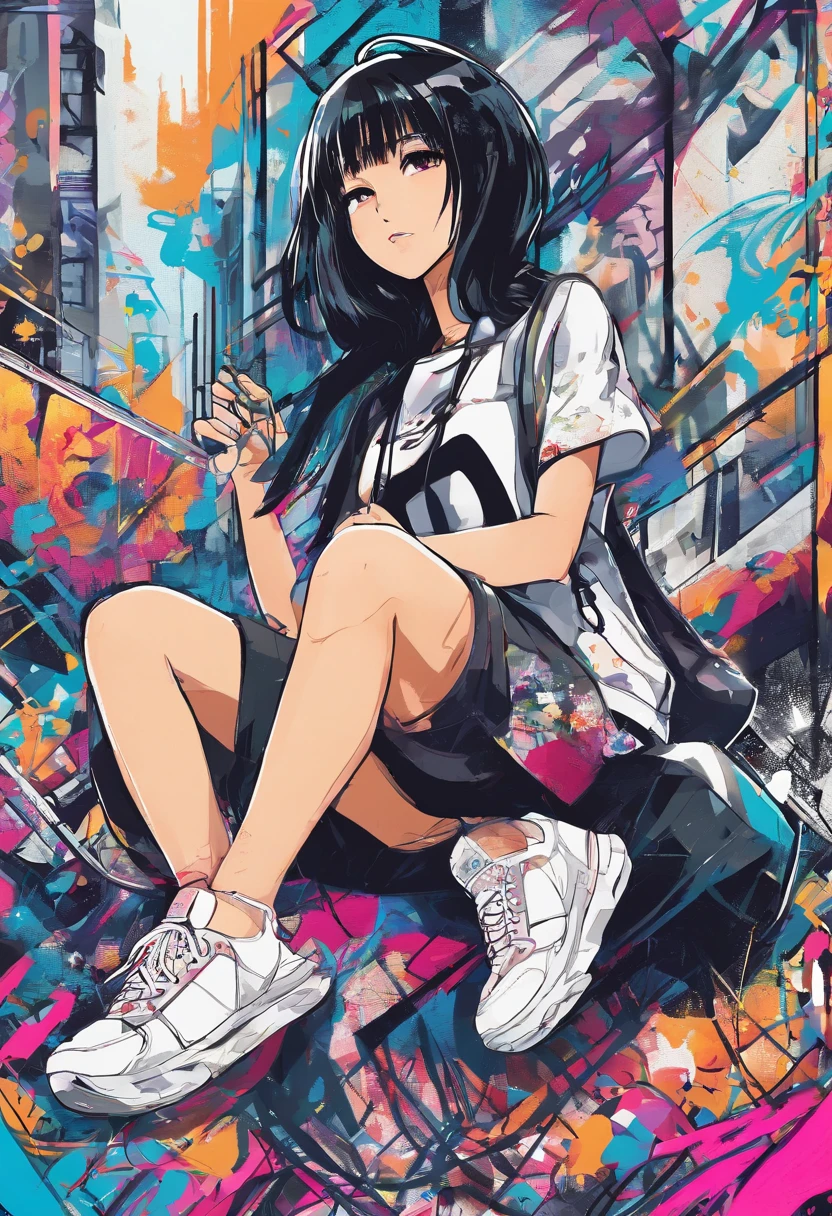 digitalart、monochromes、1990s anime style、Black Hair Bob、Beautiful girl in Japan uniform、18year old