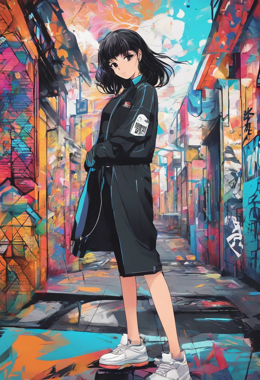 digitalart、monochromes、1990s anime style、Black Hair Bob、Beautiful girl in Japan uniform、18year old