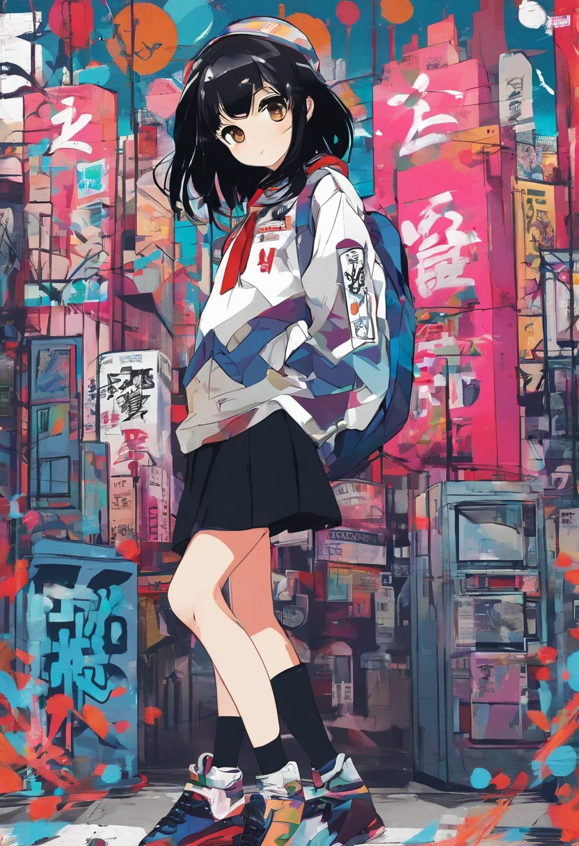 digitalart、monochromes、1990s anime style、Black Hair Bob、Beautiful girl in Japan uniform、18year old