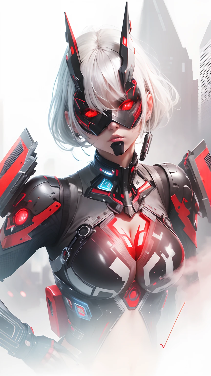 A girl with futuristic mask, Gray hair, red eyes, bloodlust eyes, Big breast, Futuristic suit, Black&red suit, Sexy, cyberpunk theme, cybergirl, blurr effect, Amazing, best quality, highly resolution, Realistic, extremely detailed, 8k