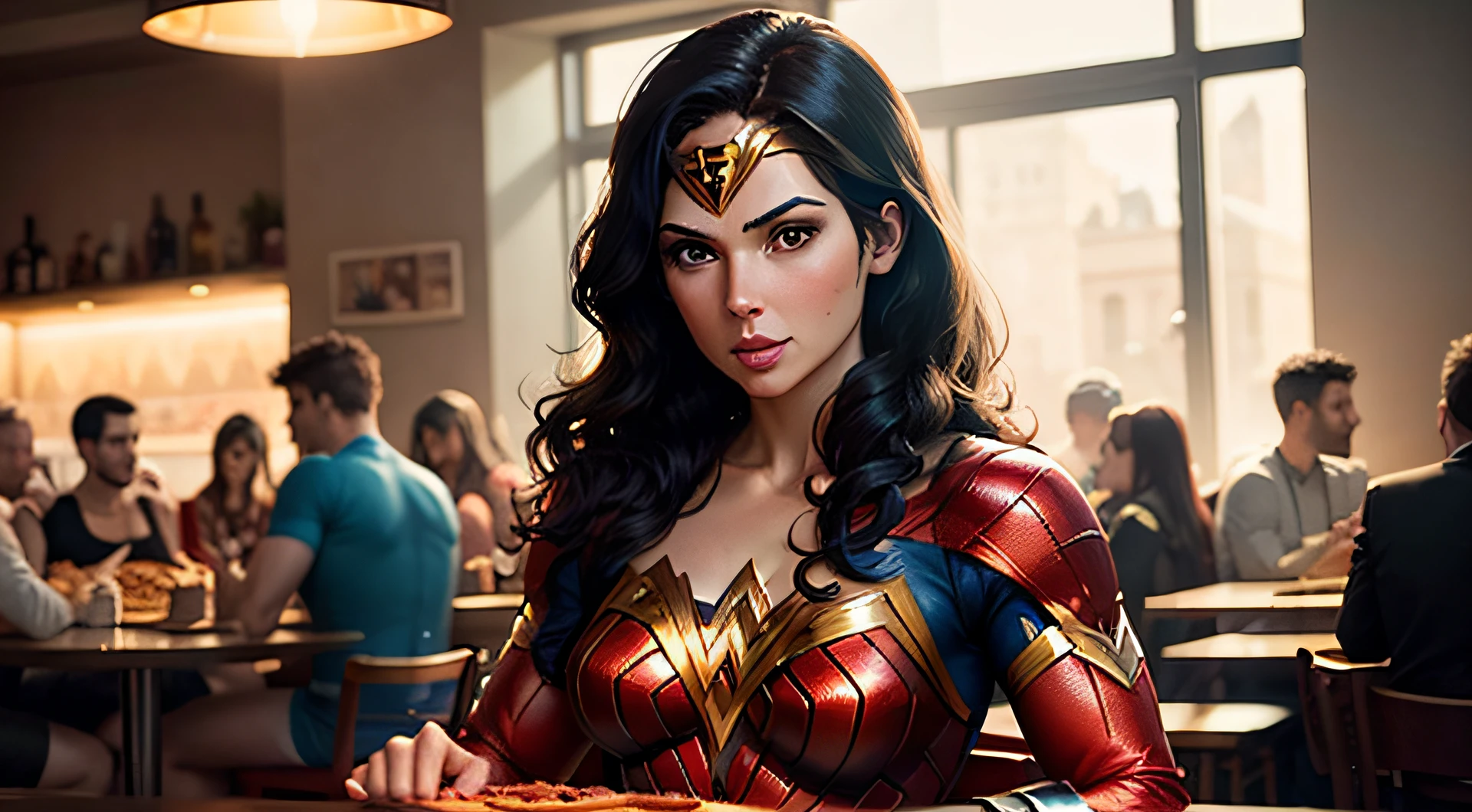 The superhero wonder woman eating a pizza in a busy pizzeria, ((VERY WELL LIT))