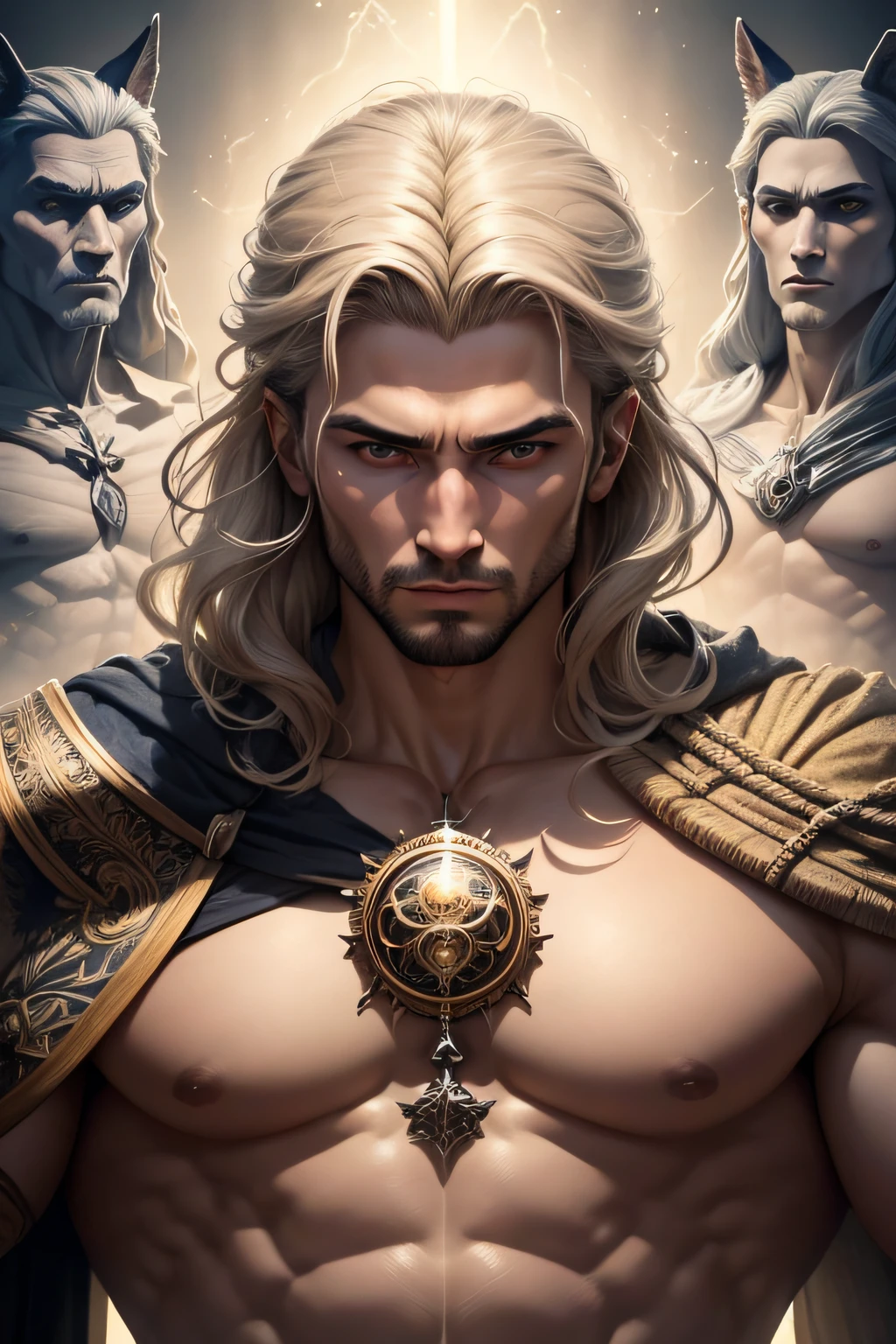 Homem, with a neutral feature ,rosto perfeito, Corpo Perfeito, olhos cor das nuvens , cabelos brancos, Deus triplico , Having its three shapes in the picture, Pai das sereias e dos lobos .
