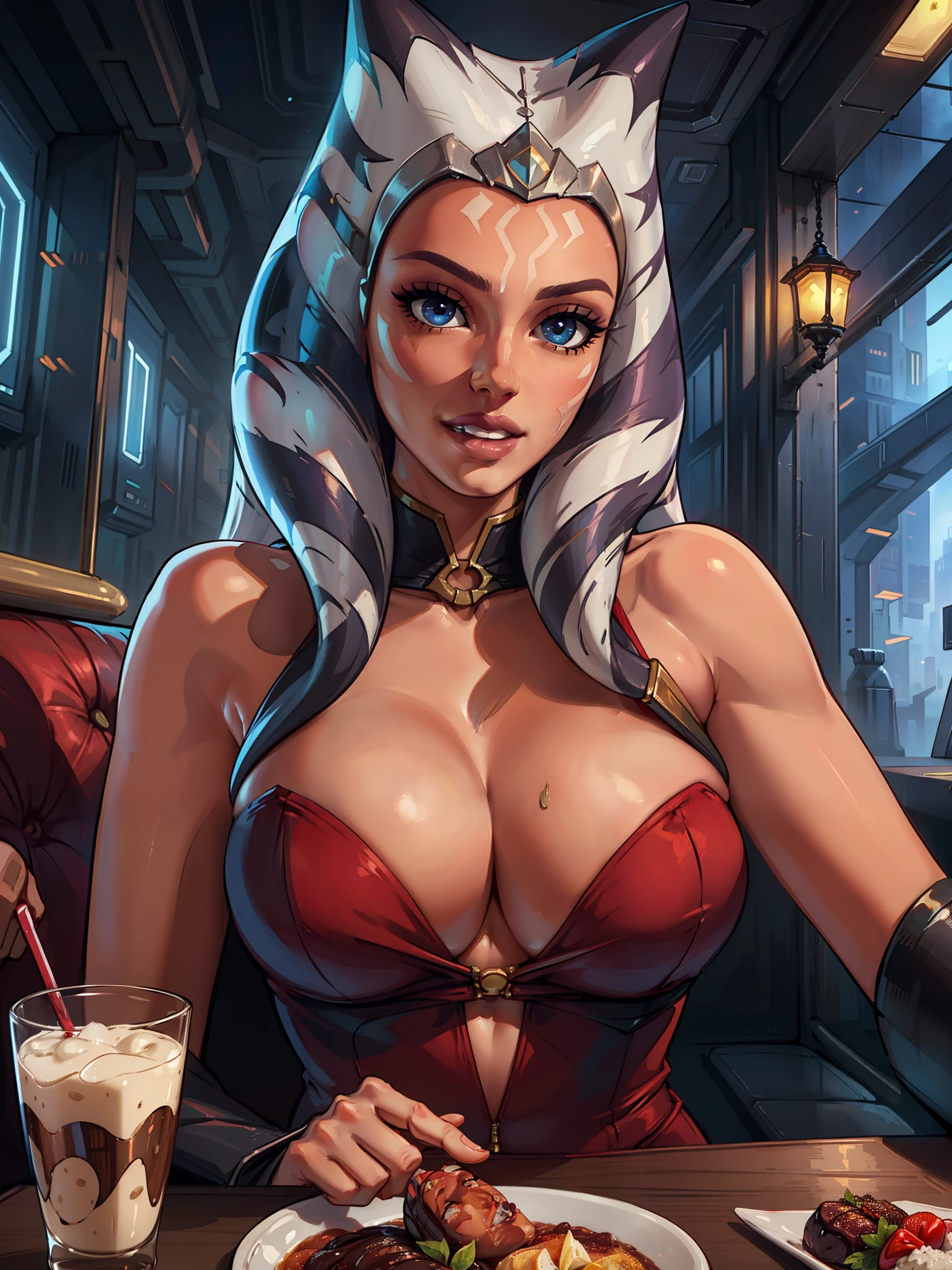 A (close up) portrait of (Ahsoka), (Ahsoka Tano), (two head tails), (highly detailed background, a fancy restaurant, on a date:1.2), deep cleavage, busty, sexy, realistic anatomy, well drawn, 8k, (best quality), (masterpiece:1.2), highly detailed face, full lips, flirty eye contact, detailed eyes, sensual, (seductive), (ultra realistic:1.2), babe, perfection, happy, excited expression, wearing a red dress