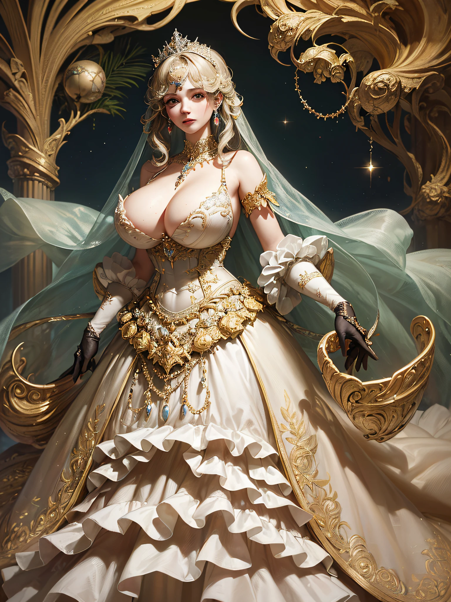 ((anime artstyle)),(Masterpiece),(Best Quality), (Super Detail),((Very Delicate and Beautiful)),cinematic lighting,1 girl,((full body portrait)),((standing in garden)),((solo)),(((1 fairytale princess in gorgeous embroidery and jeweled extremely gorgeous rococo princess ballgown with voluminous full length hoop skirt))),an hourglass waist,padded and corseted bodice,(((huge crinoline hoopskirt))),long train,((gorgeous embroidery and jeweled)),voluminous frills,See-through,(((extremely gigantic tits,skindentation))),cleavage,((absurdly Long Straight Hair,extremely voluminous Straight long Hair,absurdly Long Straight Hair)),(finely detailed face and eyes),clear pupil,extremely gorgeousfull hair ornament,(bling-bling jeweled extremely gorgeousfull tiara),((bling-bling gorgeous gemstone jewelry)),gorgeous long veil,((ultra long gloves)),(beautiful background),(full body),((gorgeous embroidery and jeweled extremely gorgeous rococo princess ballgown with voluminous full length hoop skirt))