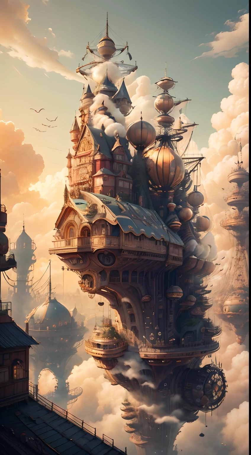(((best qualtiy))),(((ultra - detailed))),((tmasterpiece))),illustratio,A steampunk city full of copper-green buildings,Steam cars and airships weave through the streets,Steam robots and ships carried smoke in the sky。A complete photograph of the most beautiful artwork in the world,Includes steampunk city with airship,Steam cars,Smoggy sky,Complicated details,A high resolution,Social media trends,Instagram value,A futuristic,industry,Machinary,Retro,retro-futuristic,cyber punk perssonage,Artstation trends,CGSociety trends,sci-fy,adventuring,mistic,exhilarated,DeviantArt trends,Steam castle