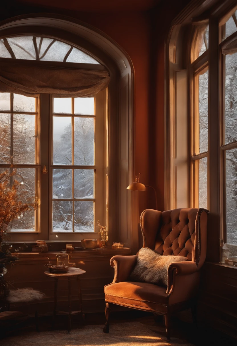 Behind a large panoramic window, a frosty morning. In the room there is an armchair with a warm blanket