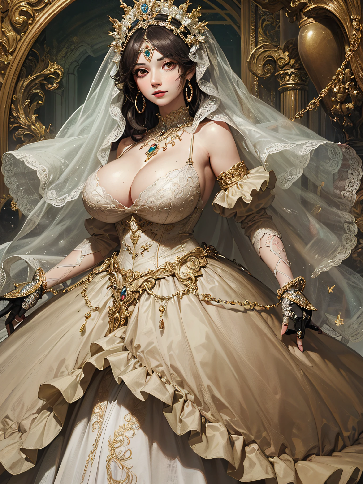 ((anime artstyle)),(Masterpiece),(Best Quality), (Super Detail),((Very Delicate and Beautiful)),cinematic lighting,1 girl,((full body portrait)),((standing in garden)),((solo)),(((1 fairytale princess in gorgeous embroidery and jeweled extremely gorgeous rococo princess ballgown with voluminous full length hoop skirt))),an hourglass waist,padded and corseted bodice,(((huge crinoline hoopskirt))),long train,((gorgeous embroidery and jeweled)),voluminous frills,See-through,(((extremely gigantic tits,skindentation))),cleavage,((absurdly Long Straight Hair,extremely voluminous Straight long Hair,absurdly Long Straight Hair)),(finely detailed face and eyes),clear pupil,extremely gorgeousfull hair ornament,(bling-bling jeweled extremely gorgeousfull tiara),((bling-bling gorgeous gemstone jewelry)),gorgeous long veil,((ultra long gloves)),(beautiful background),(full body),((gorgeous embroidery and jeweled extremely gorgeous rococo princess ballgown with voluminous full length hoop skirt))