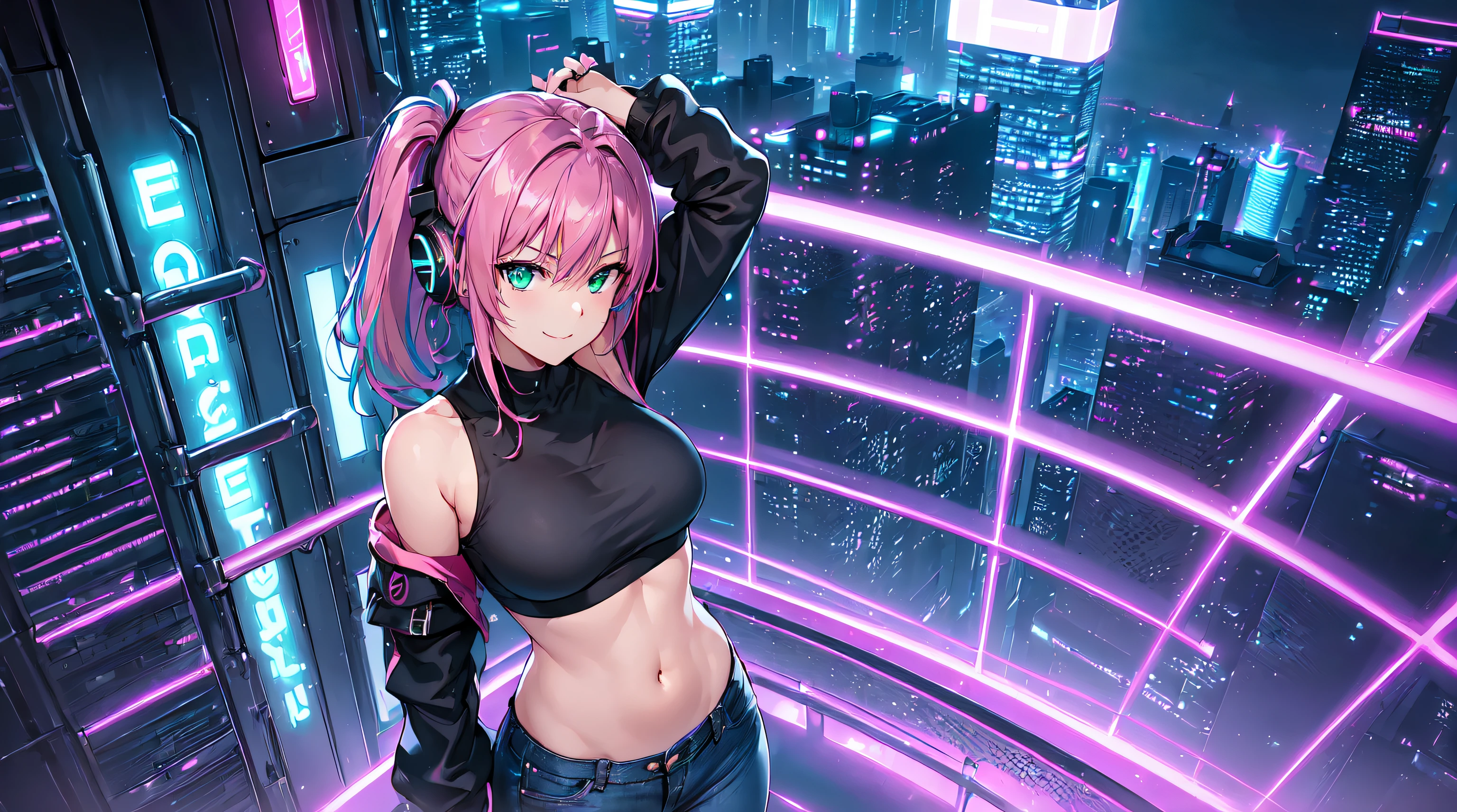 masterpiece, 1girl ((20year old, Black crop top shirt exposes navel, tight blue jeans, knee-high boots, medium breasts, multicolor pink hair, twin ponytails, green eyes, flirting, happy, big smile, looking up, headphones, standing in a street at night, neon lights and towering skyscrapers, futuristic and energetic atmosphere), ((nighttime)) ((high camera angle, top view))