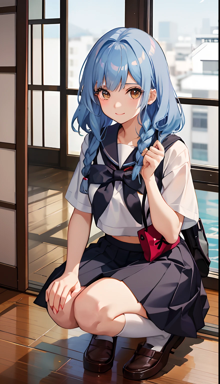 1girl in、A smile、The shirt、skirt by the、（small tits）Chilarism、Japan High School Student Uniform、serafuku、summer clothing、Squall Drenched Uniform、（Sheer Bra）、Upper body portrait、Squatting panchira、medium hair,light blue hair, asymmetrical hair , side braid,medium breasts,makeup
