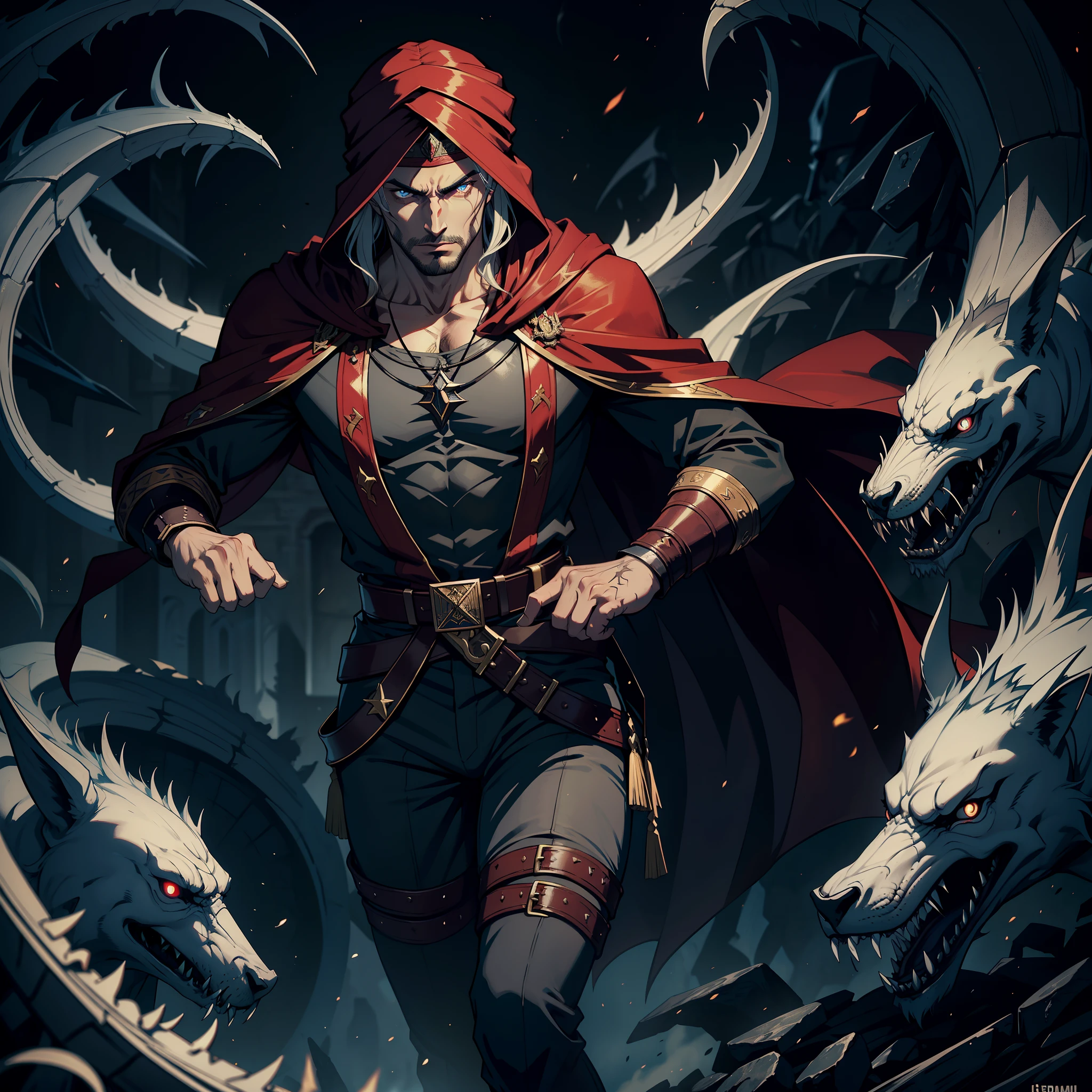 Castlevania, Le Seigneur des Ombres, Bel arabe, Man with Arab muscular face , Turban marocain, Legendary Face, Hyper Realistic Feroce, super detailed, Marocain, Beau seigneur arabe, muscle, Dracula, Diriger les troupes de Djinns, The Army in Combat, War of Aggression, Giant Demons, Very Scary Legendary, surrounded by devils and demons Very scary