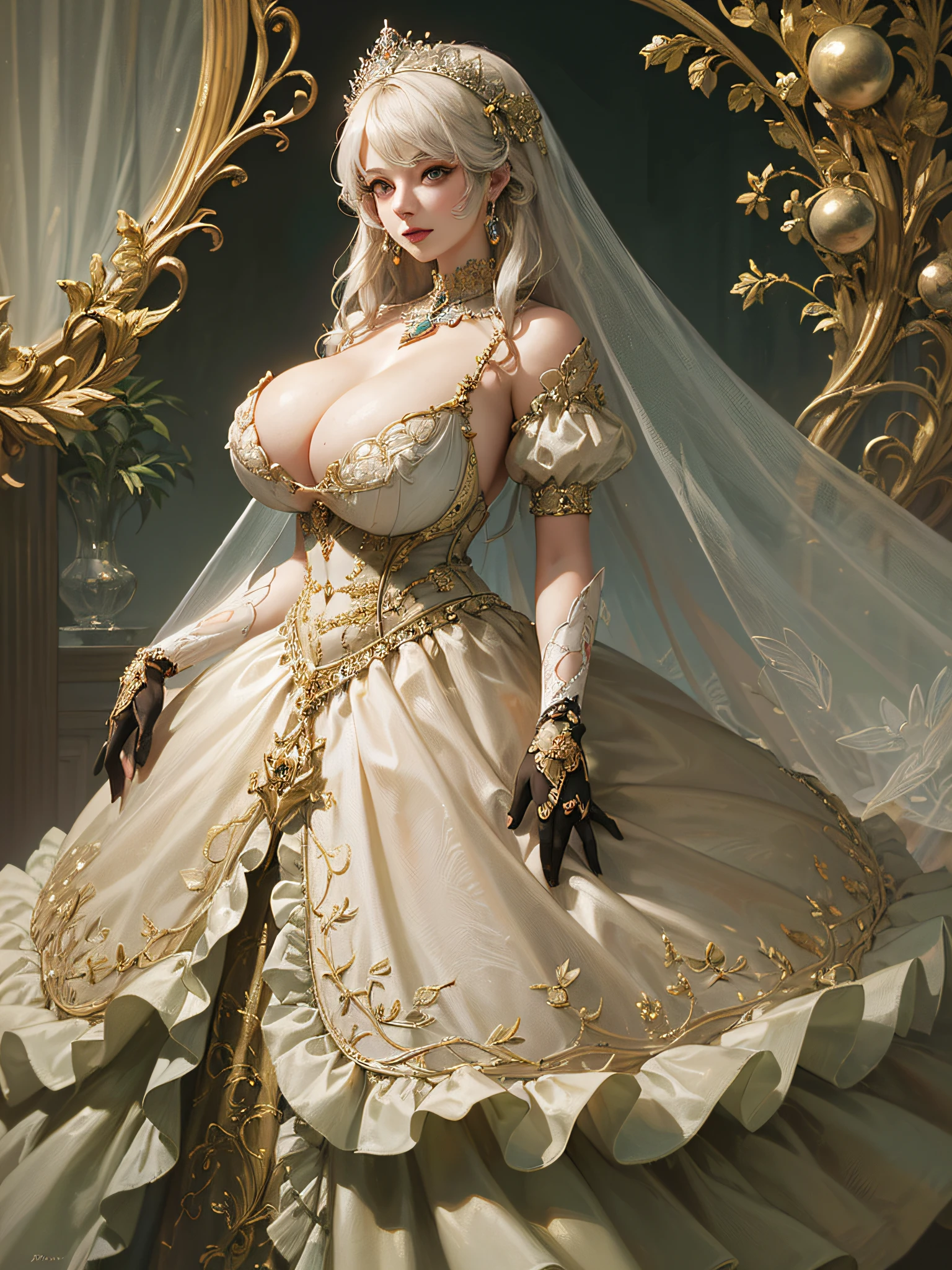 ((anime artstyle)),(Masterpiece),(Best Quality), (Super Detail),((Very Delicate and Beautiful)),cinematic lighting,1 girl,((full body portrait)),((standing in garden)),((solo)),(((1 fairytale princess in gorgeous embroidery and jeweled extremely gorgeous rococo princess ballgown with voluminous full length hoop skirt))),an hourglass waist,padded and corseted bodice,(((huge crinoline hoopskirt))),long train,((gorgeous embroidery and jeweled)),voluminous frills,See-through,(((extremely gigantic tits,skindentation))),cleavage,((absurdly Long Straight Hair,extremely voluminous Straight long Hair,absurdly Long Straight Hair)),(finely detailed face and eyes),clear pupil,extremely gorgeousfull hair ornament,(bling-bling jeweled extremely gorgeousfull tiara),((bling-bling gorgeous gemstone jewelry)),gorgeous long veil,((ultra long gloves)),(beautiful background),(full body),((gorgeous embroidery and jeweled extremely gorgeous rococo princess ballgown with voluminous full length hoop skirt))